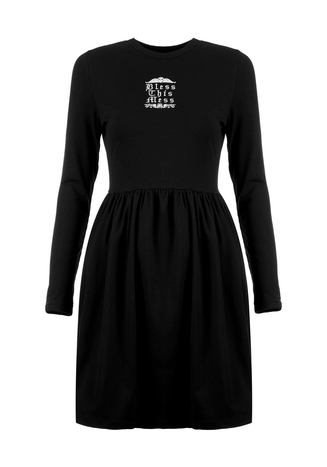 Black Long Sleeve Skater Dress with 'Bless This Mess' Embroidery | Mini Fit 'n' Flare