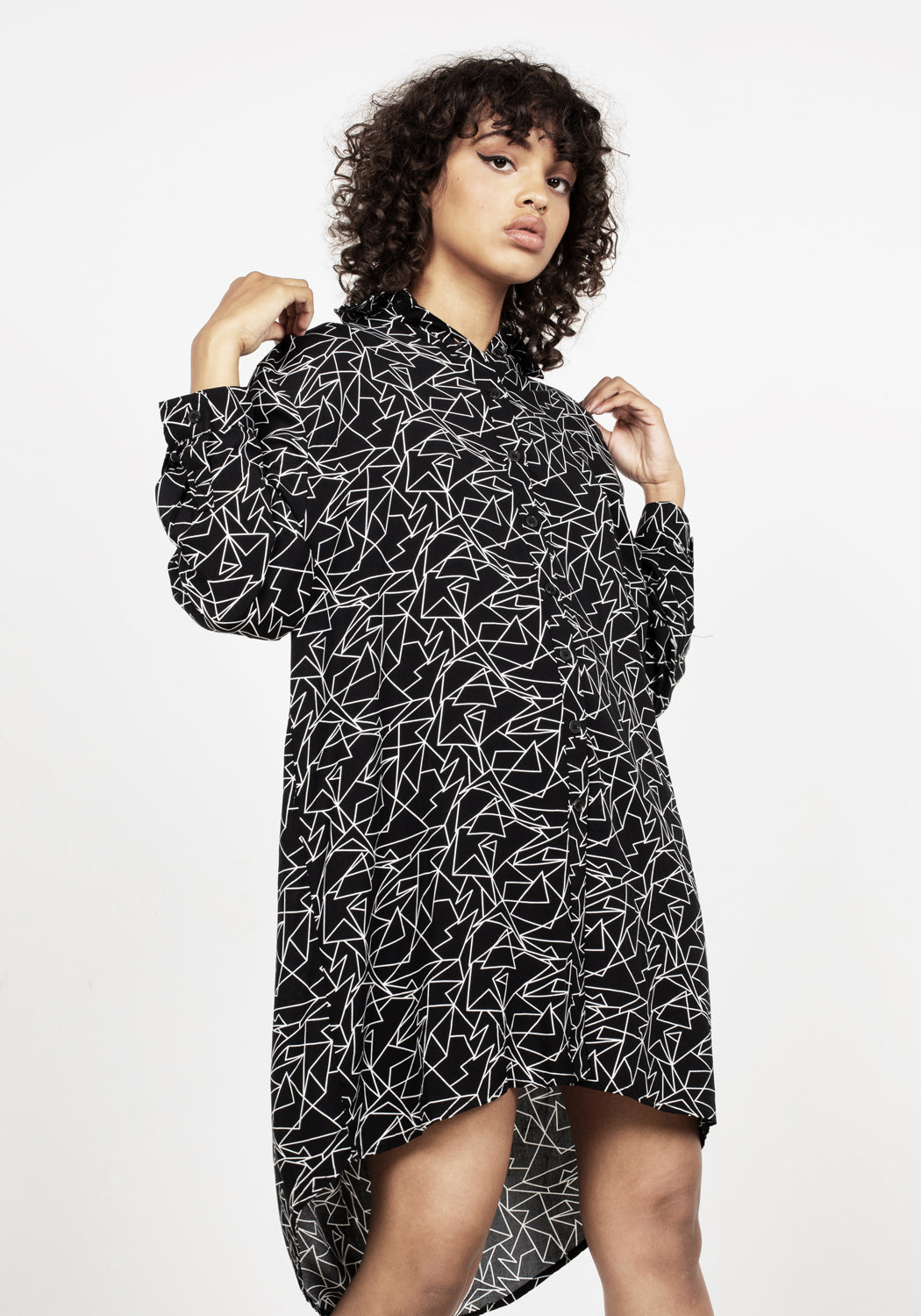 Geometric Print Long-Sleeve Shirt Dress | Hypatia