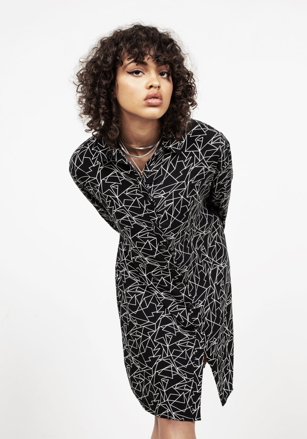 Geometric Print Long-Sleeve Shirt Dress | Hypatia
