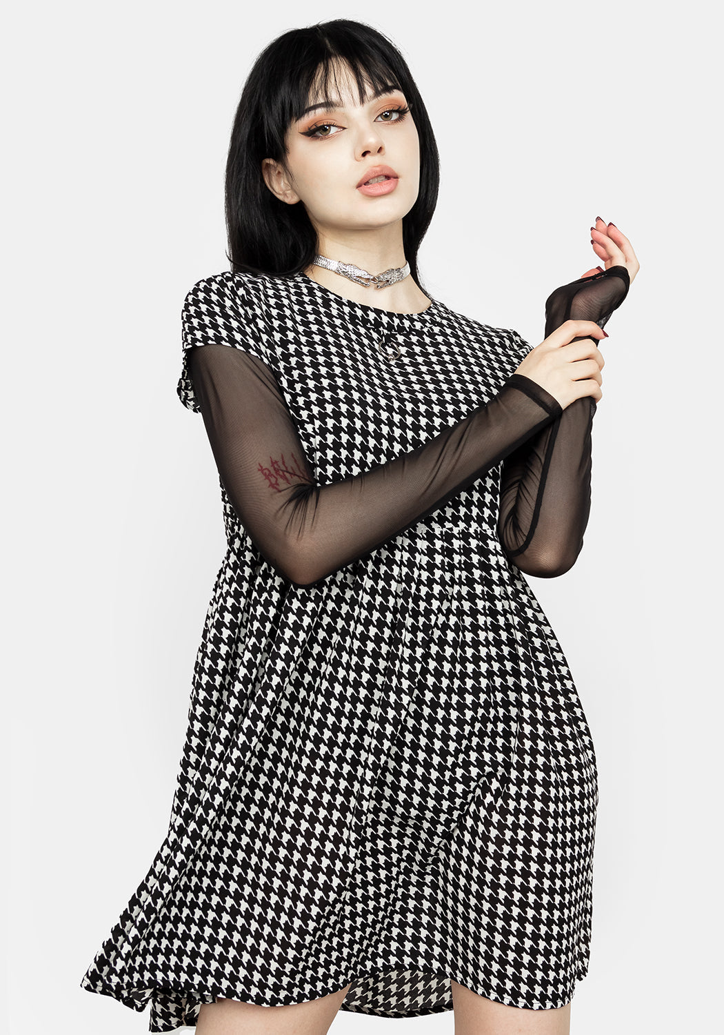 Houndstooth Skater Dress with Pockets & Silver Collar Detail | Fatale