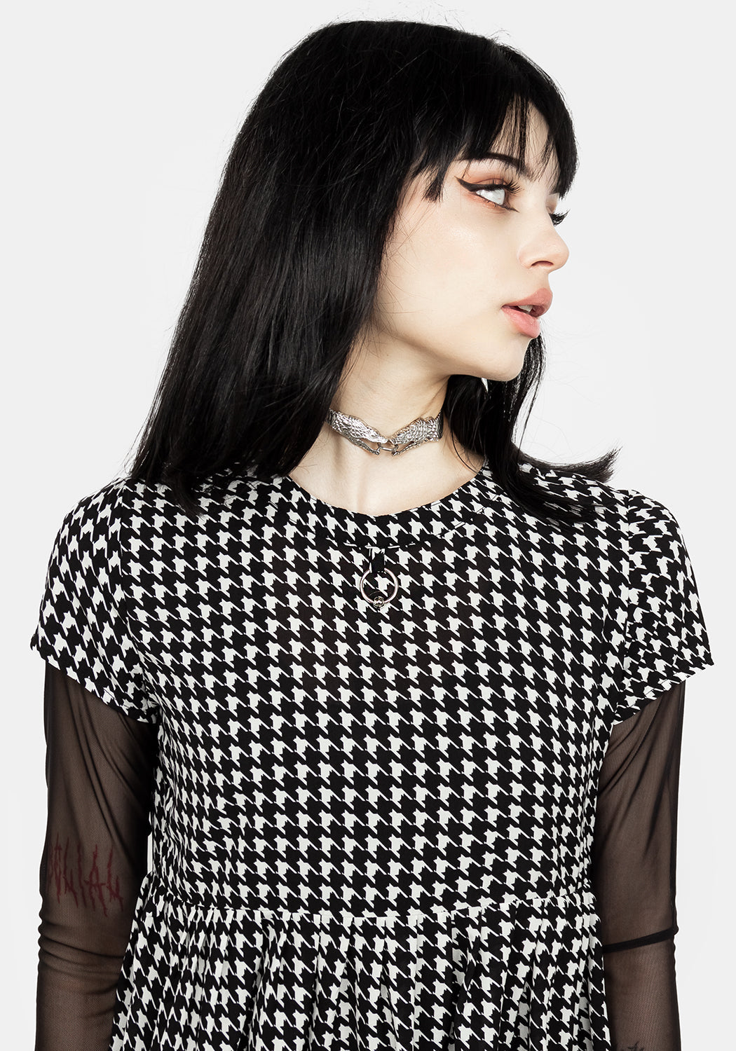 Houndstooth Skater Dress with Pockets & Silver Collar Detail | Fatale