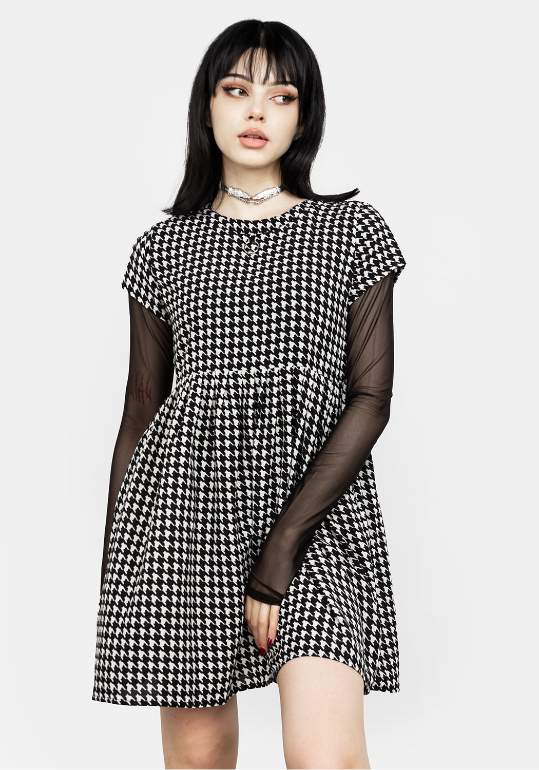 Houndstooth Skater Dress with Pockets & Silver Collar Detail | Fatale