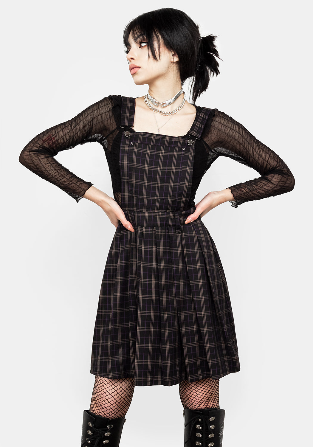 Pleated Check Pinafore Dress with Adjustable Straps | Sinner Skirt