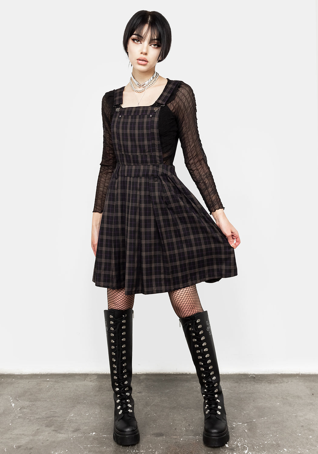 Pleated Check Pinafore Dress with Adjustable Straps | Sinner Skirt