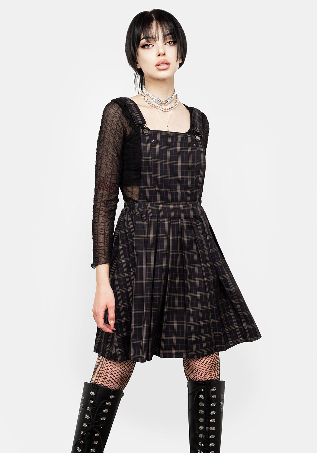 Pleated Check Pinafore Dress with Adjustable Straps | Sinner Skirt