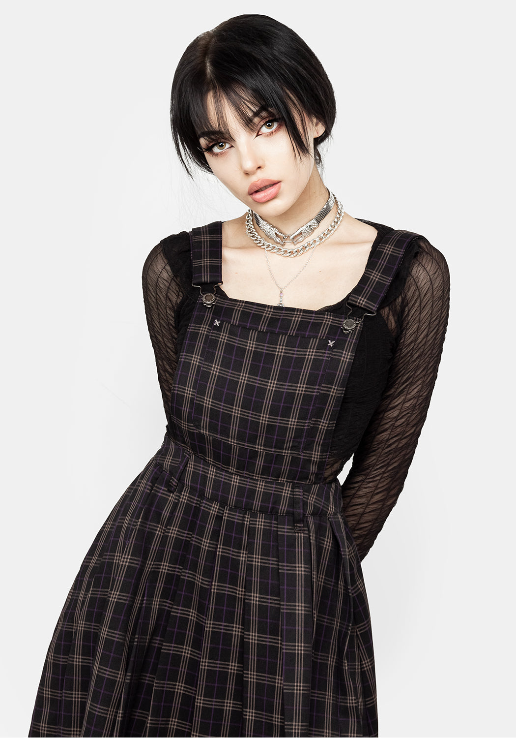 Pleated Check Pinafore Dress with Adjustable Straps | Sinner Skirt