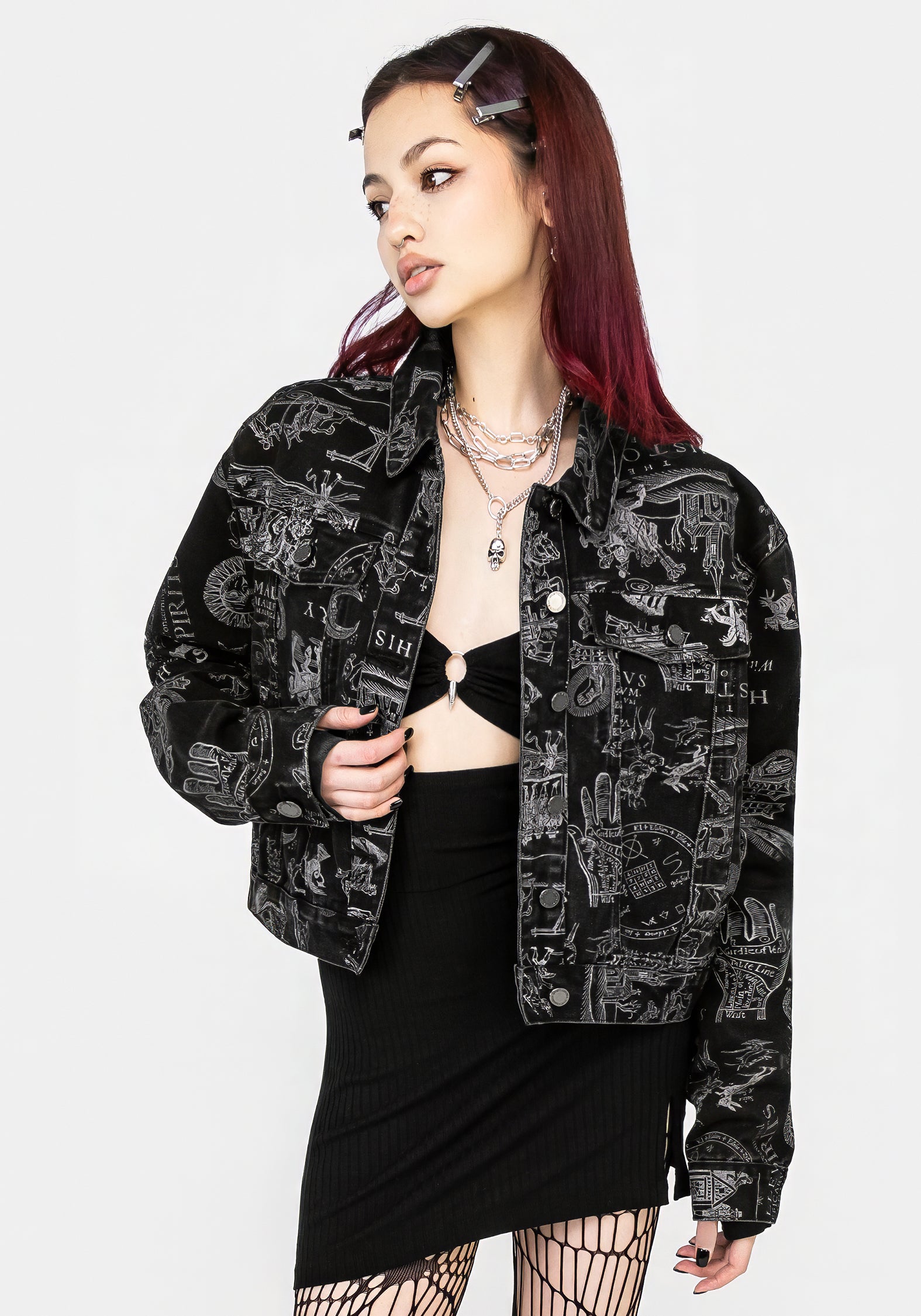 Black Witchcraft Print Denim Jacket with Roomy Fit | Heresy
