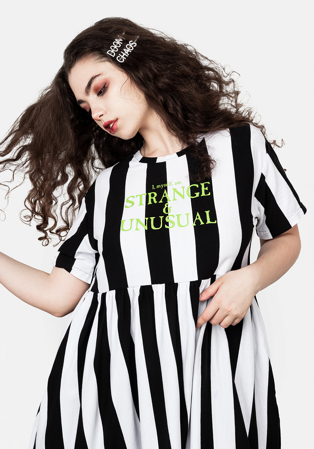 Oversized Skater Dress with A-Line Silhouette & Dropped Shoulders | Striped Slogan