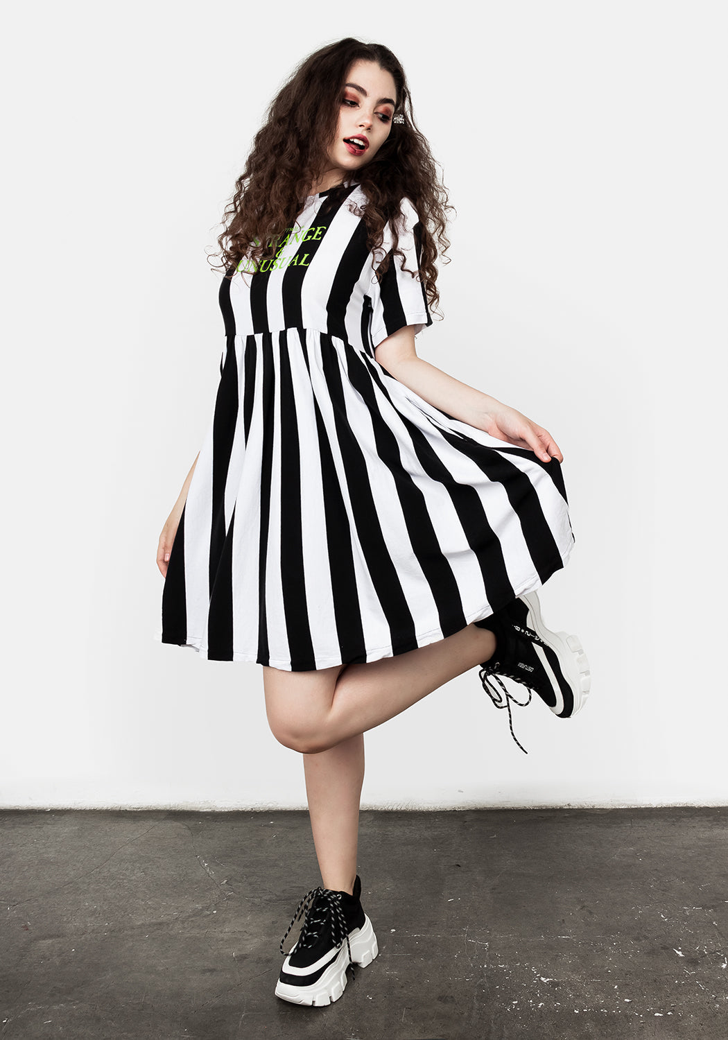 Oversized Skater Dress with A-Line Silhouette & Dropped Shoulders | Striped Slogan