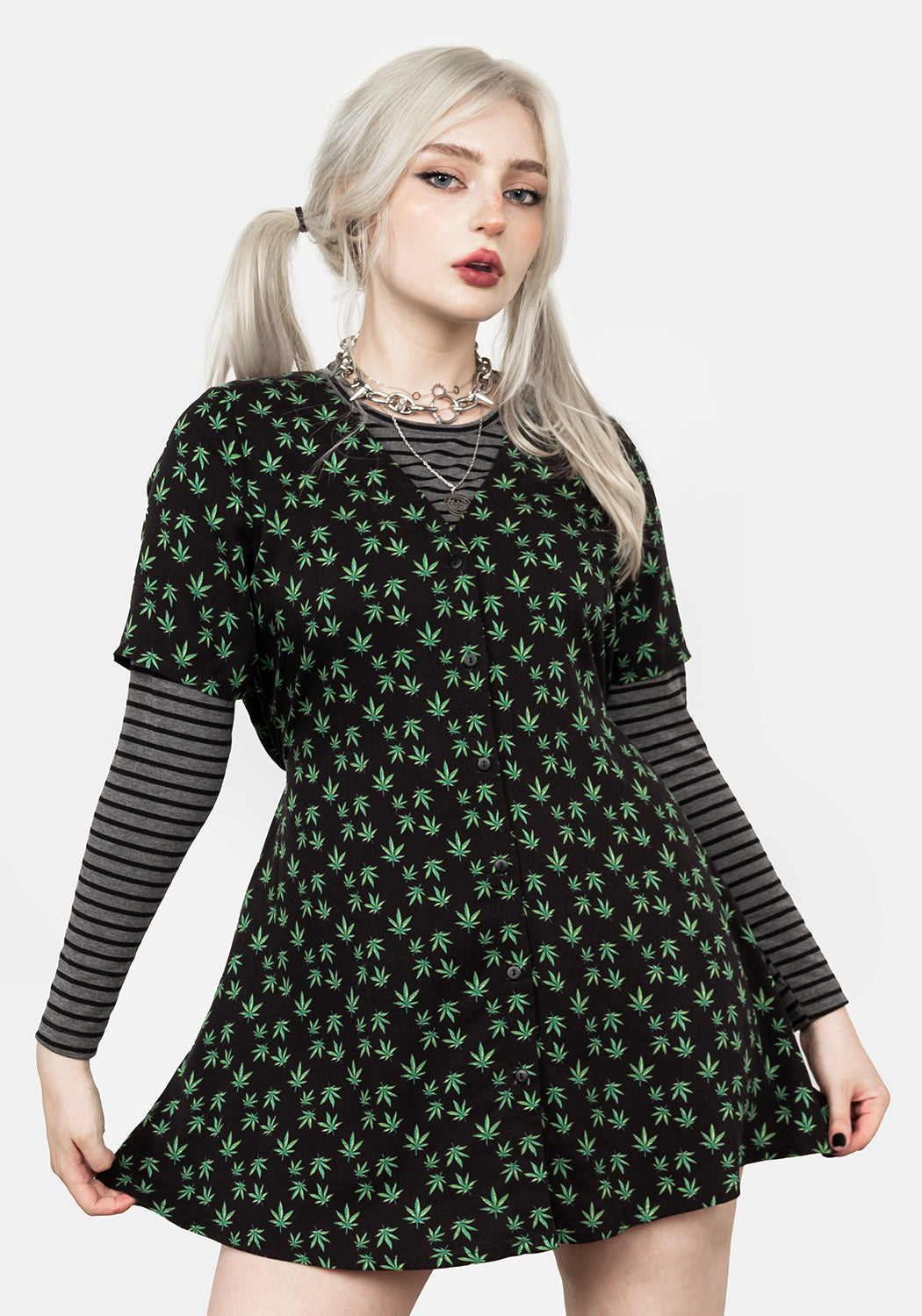 Weed Print Button-Up Mini Dress with V-Neck & Waist Tie | Mary Jane