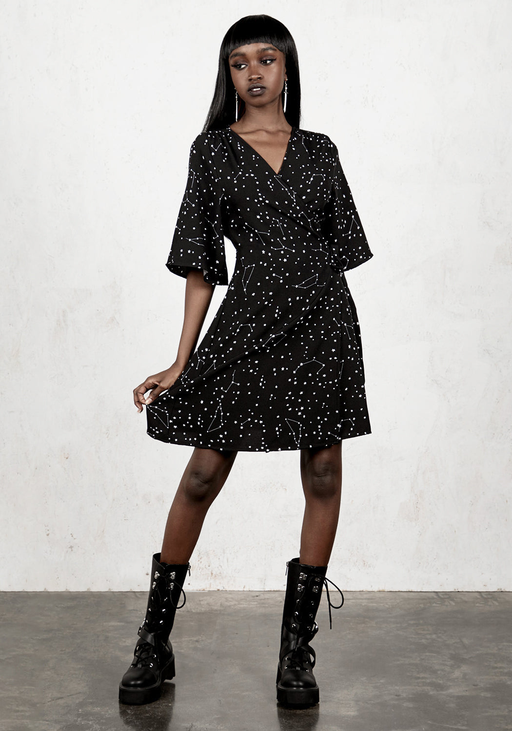 Starry Kimono Wrap Dress with V-Neck & Side Tie | Celestial Style