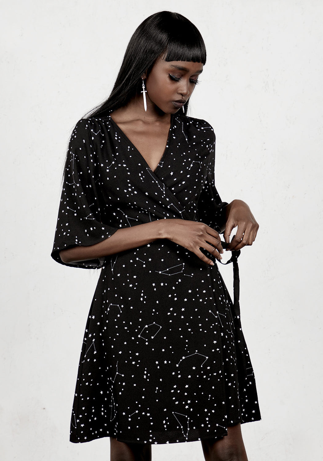 Starry Kimono Wrap Dress with V-Neck & Side Tie | Celestial Style