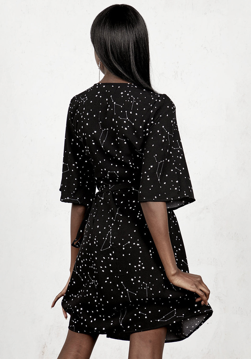 Starry Kimono Wrap Dress with V-Neck & Side Tie | Celestial Style
