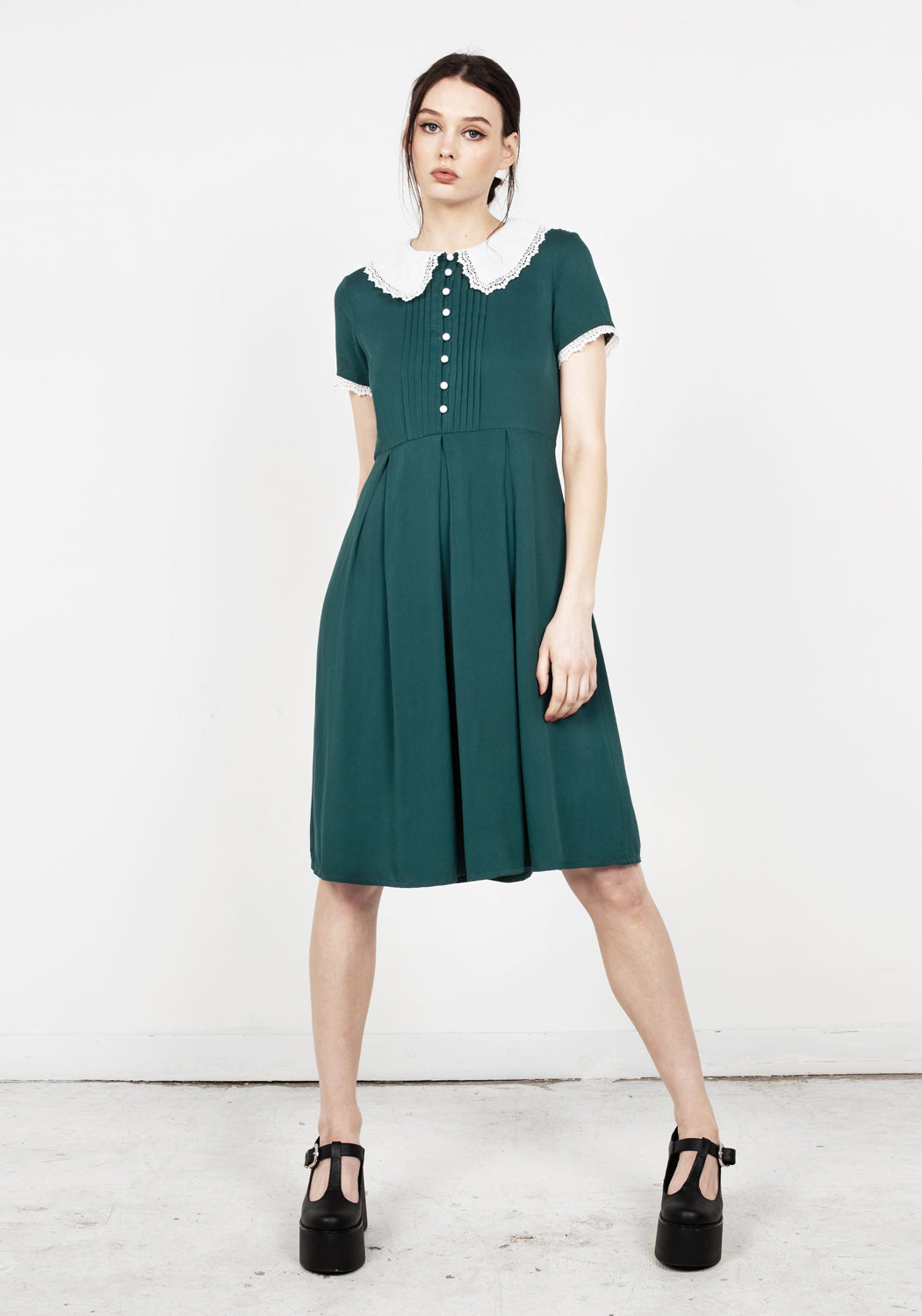 Forest Green Button-Up Midi Dress with Lace Collar | Sabbath Dress