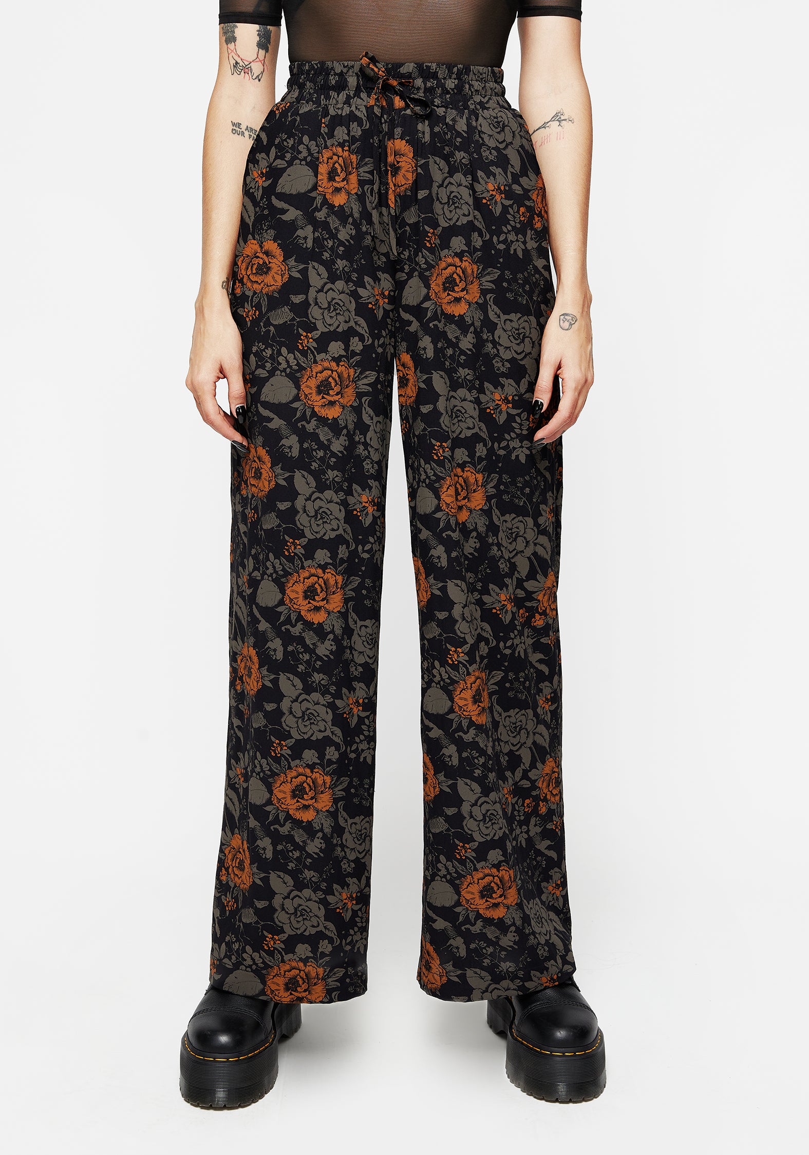 Floral Print Wide Leg Trousers with Elastic Waist | Mortify