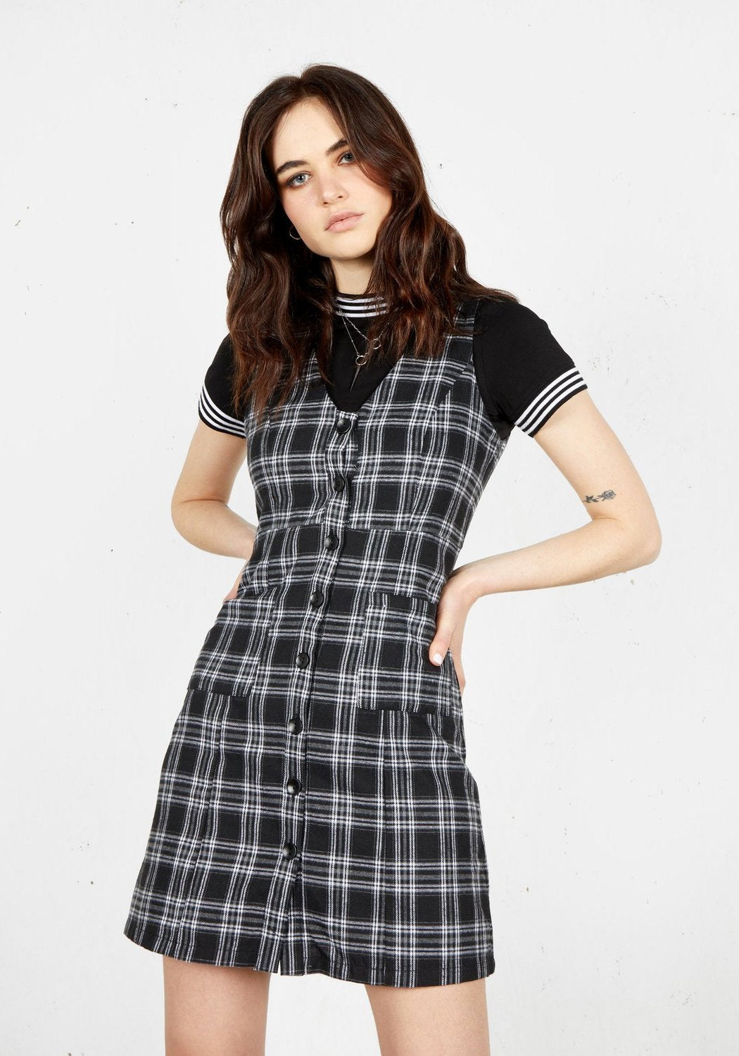 Plaid Mini Dress with Button Front & Pockets | Honor Dark Academia
