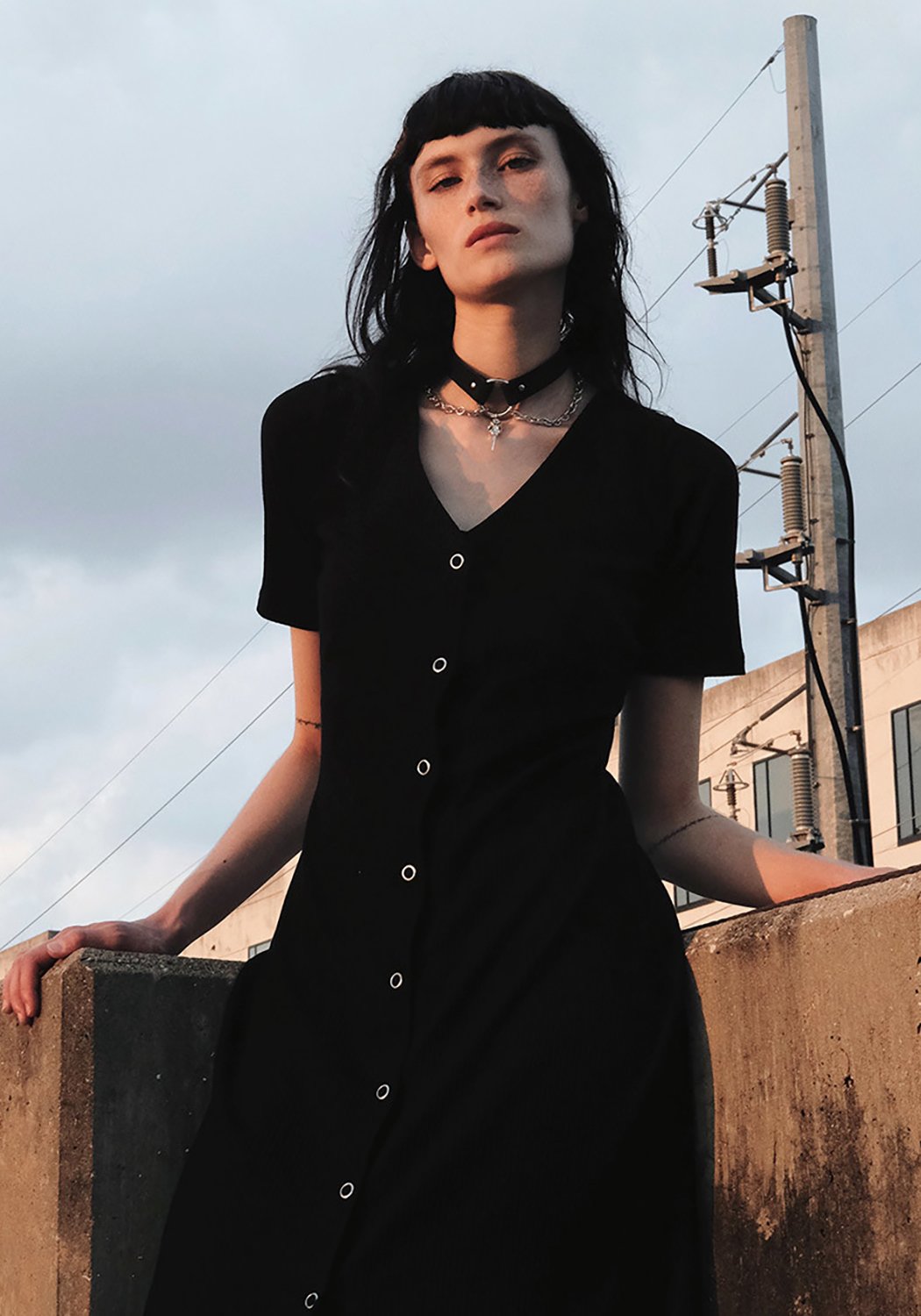 90s Black Ribbed Jersey Maxi Dress | V-Neck & Knee Fasten