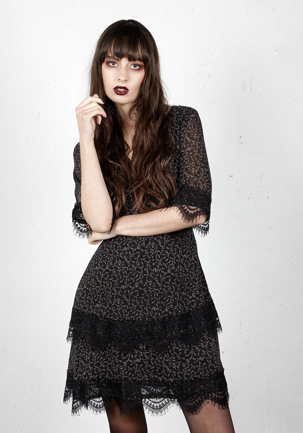 Dark Floral Tiered Sheer Dress with Lace Trims | Delphinium