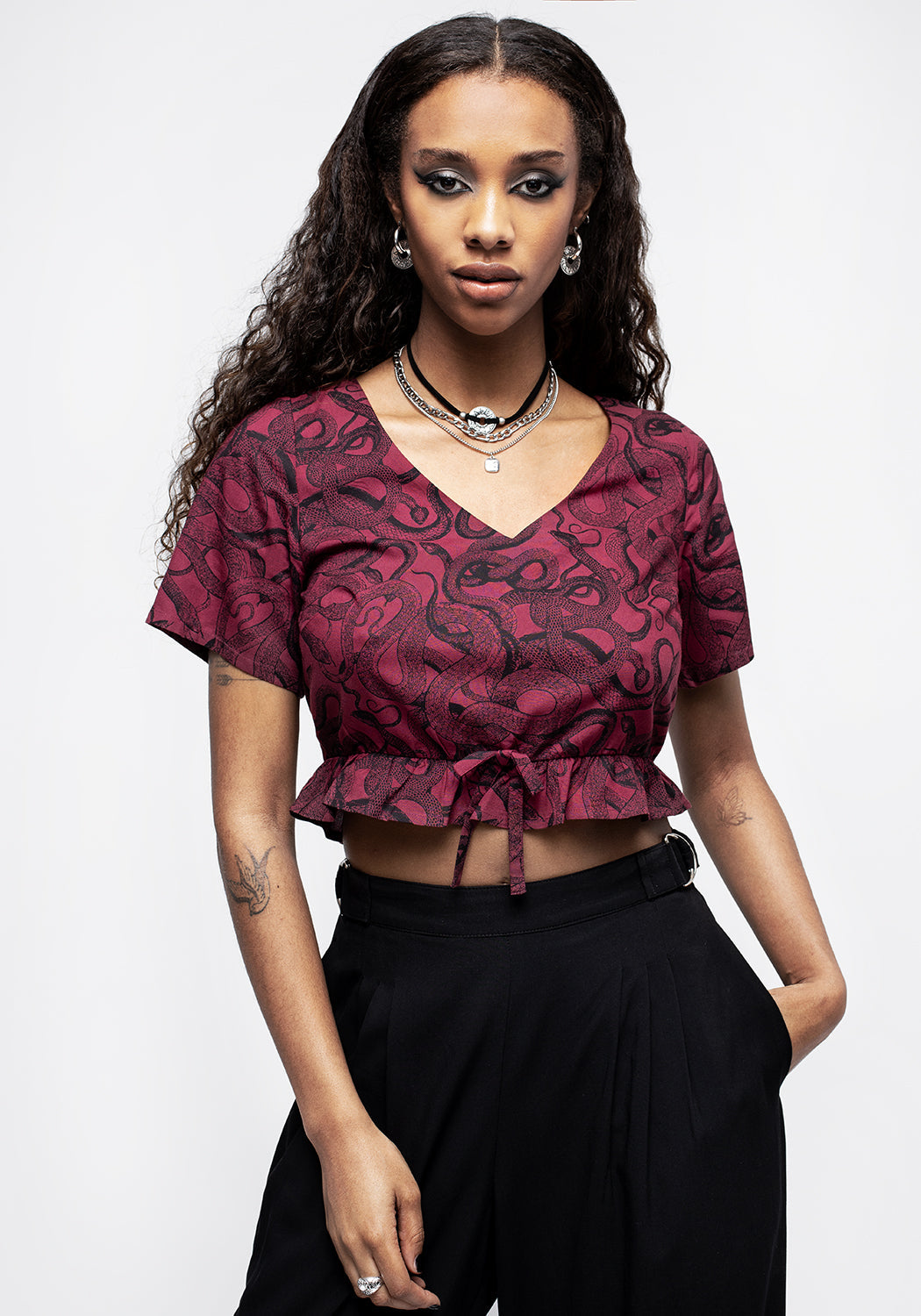 Red Snake Print Crop Top with V-Neck & Button Detail | Ophidia