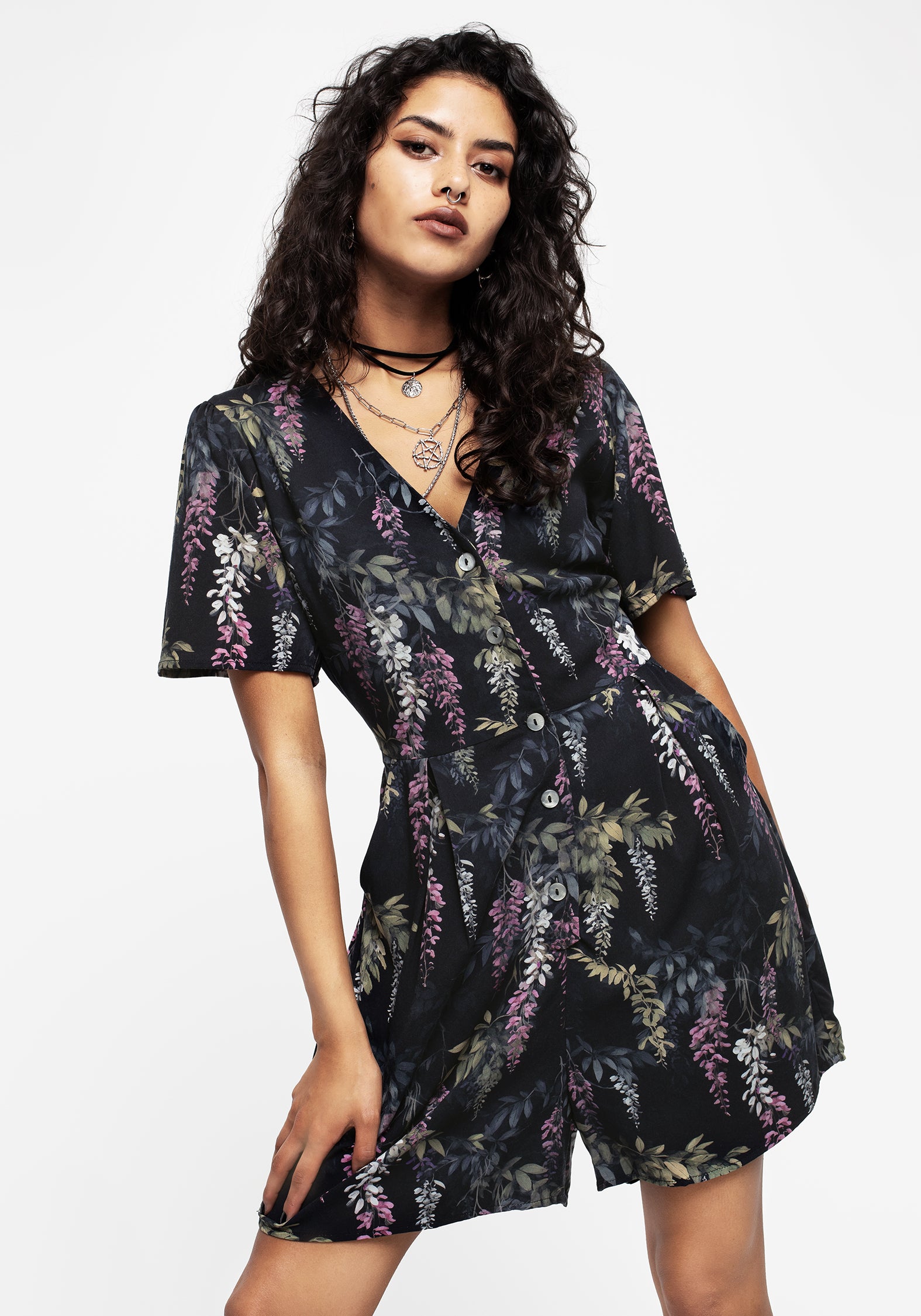 Wisteria Floral Print Playsuit with V-Neck & Pockets | Button Up Romper