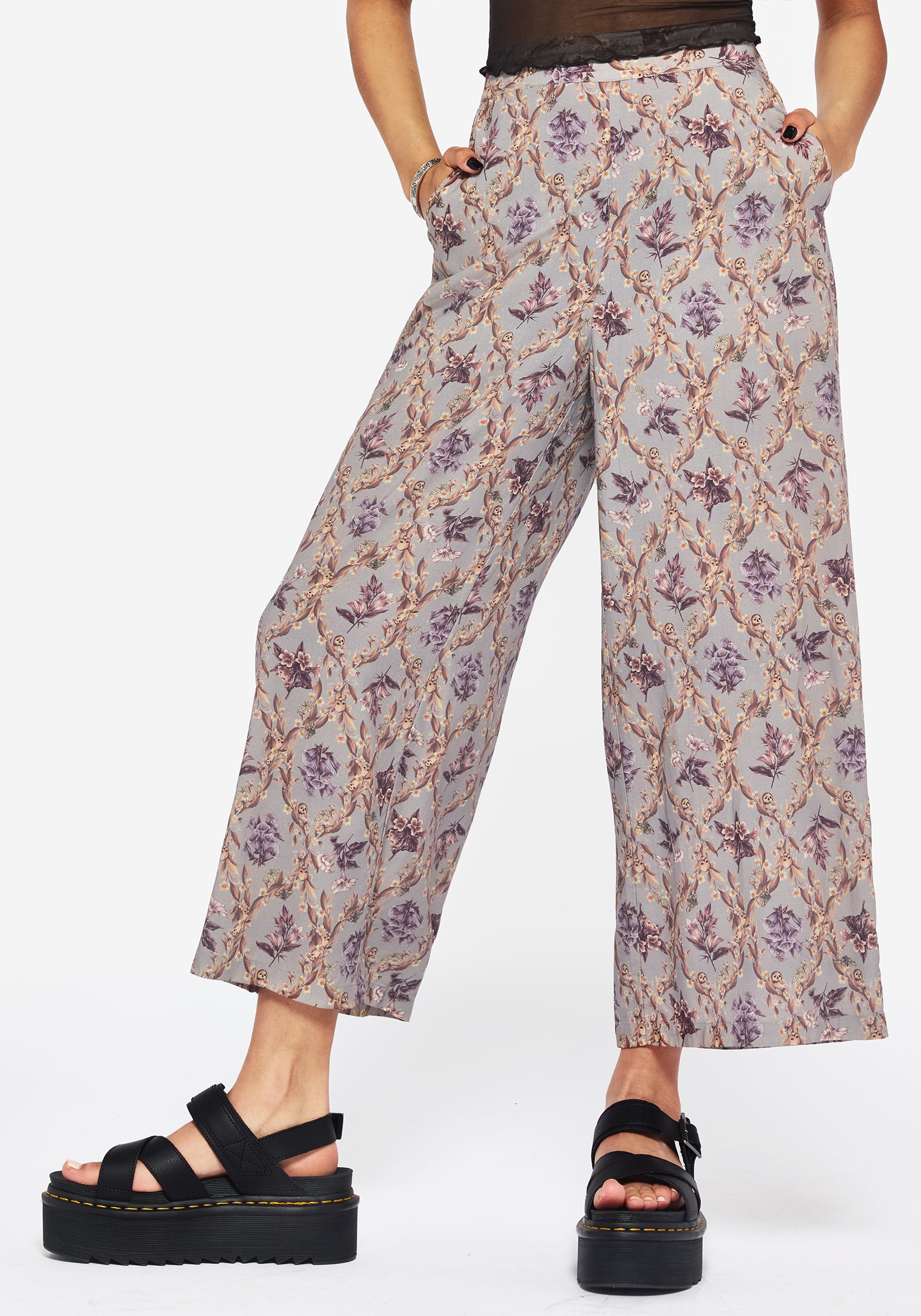 Floral Print Wide Leg Culotte Trousers with Pockets | Blossom