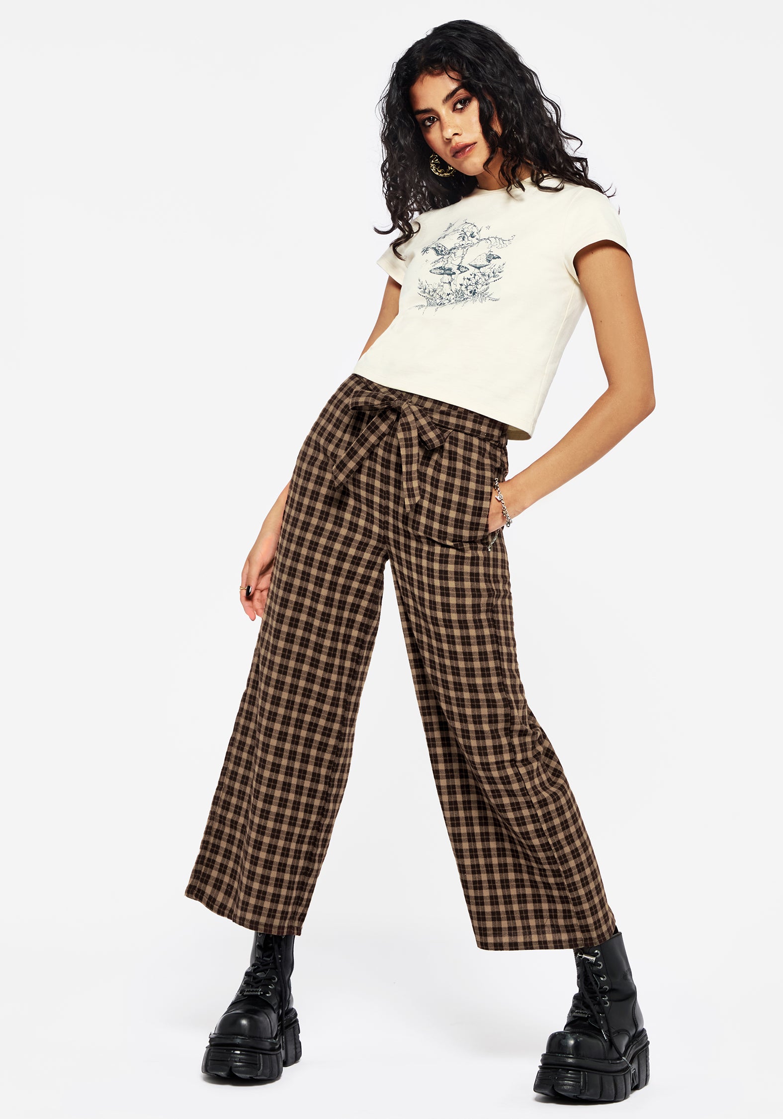 Brown Check Wide Leg Culotte Trousers with Pockets & Tie Belt | Terra