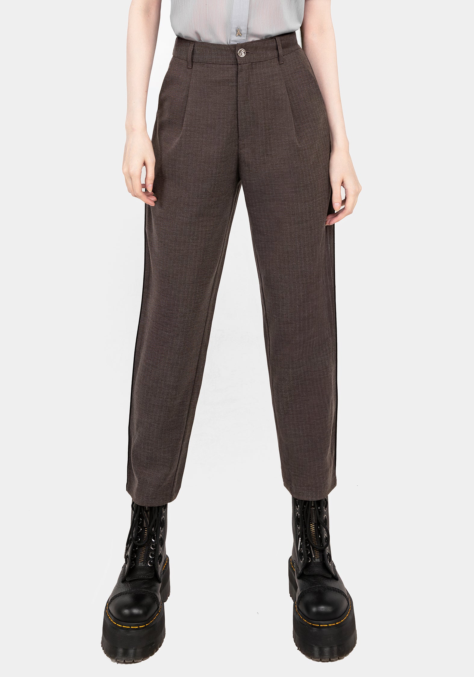 Grey Herringbone Tapered Trousers with Black Piping | Cointrelle