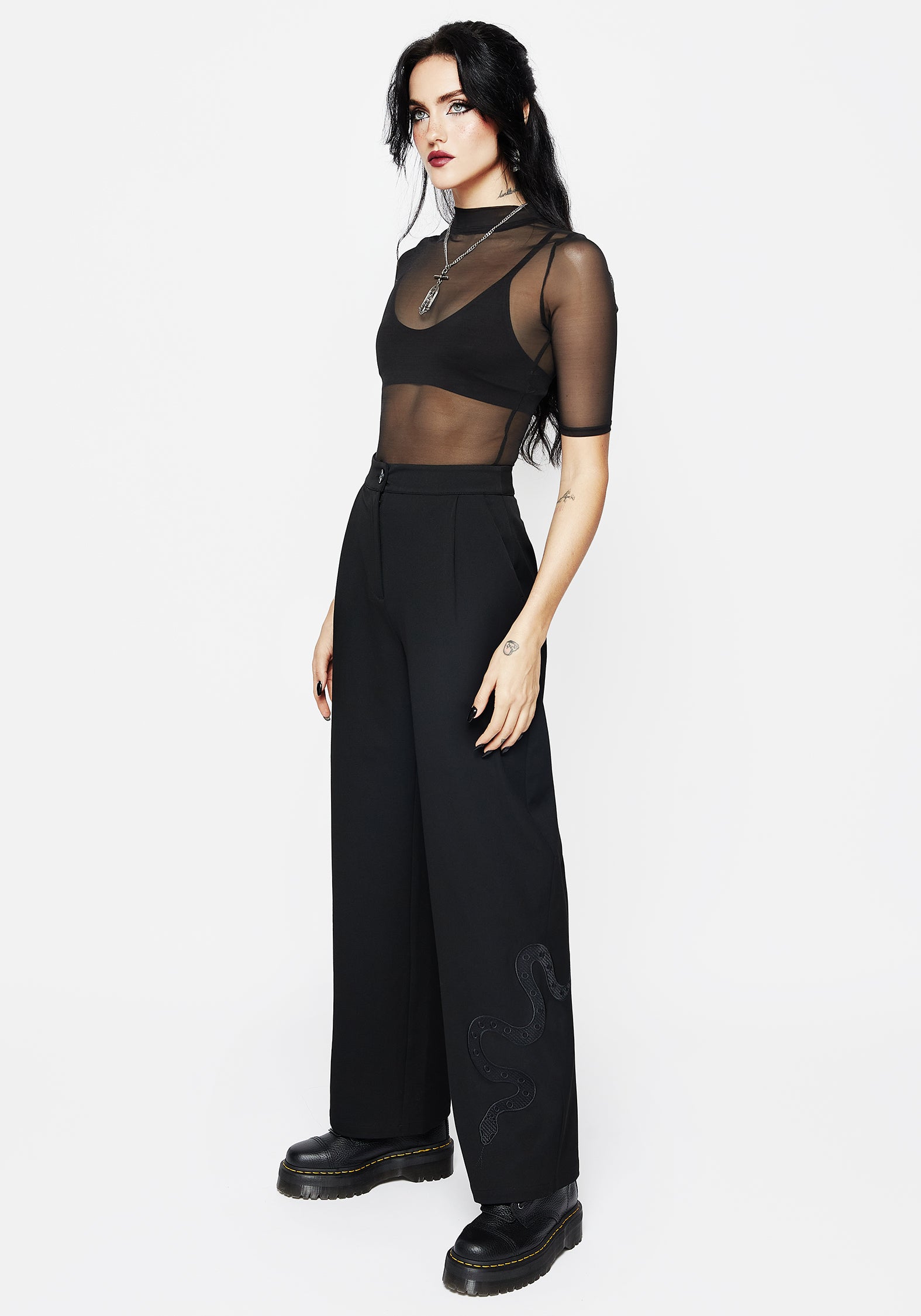 Snake Embroidered Wide Leg Trousers | High-Rise & Tailored