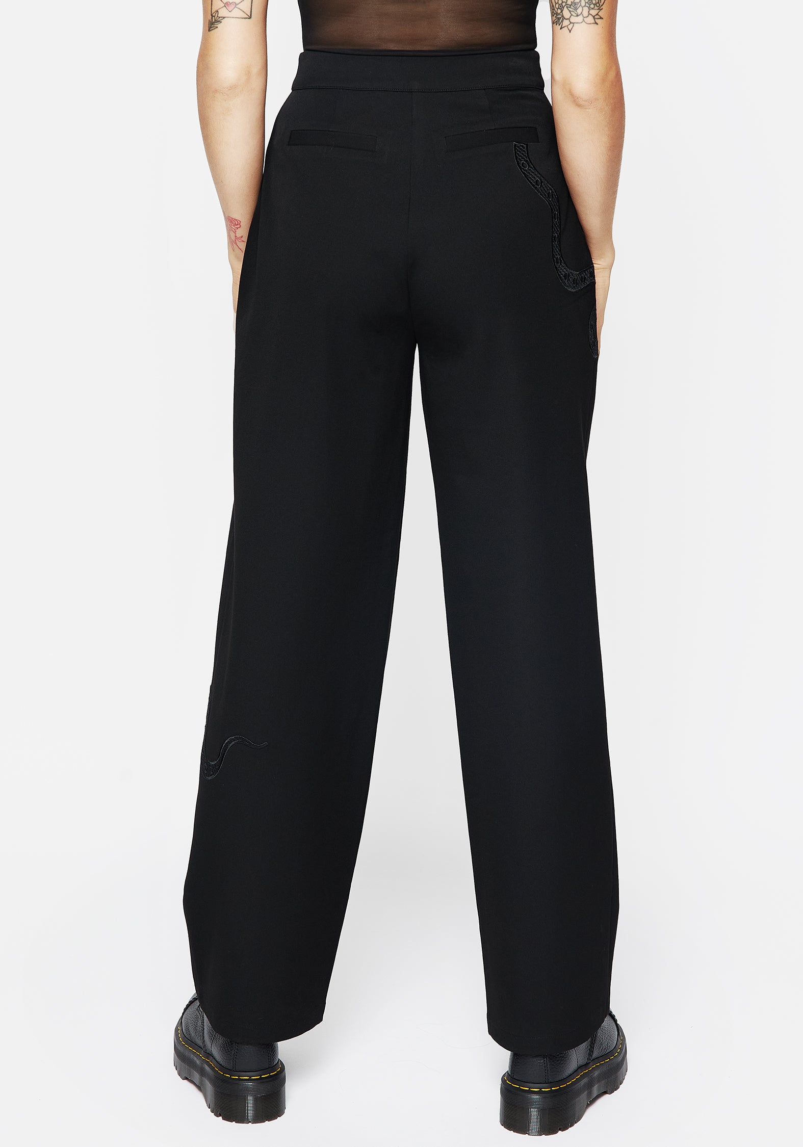 Snake Embroidered Wide Leg Trousers | High-Rise & Tailored