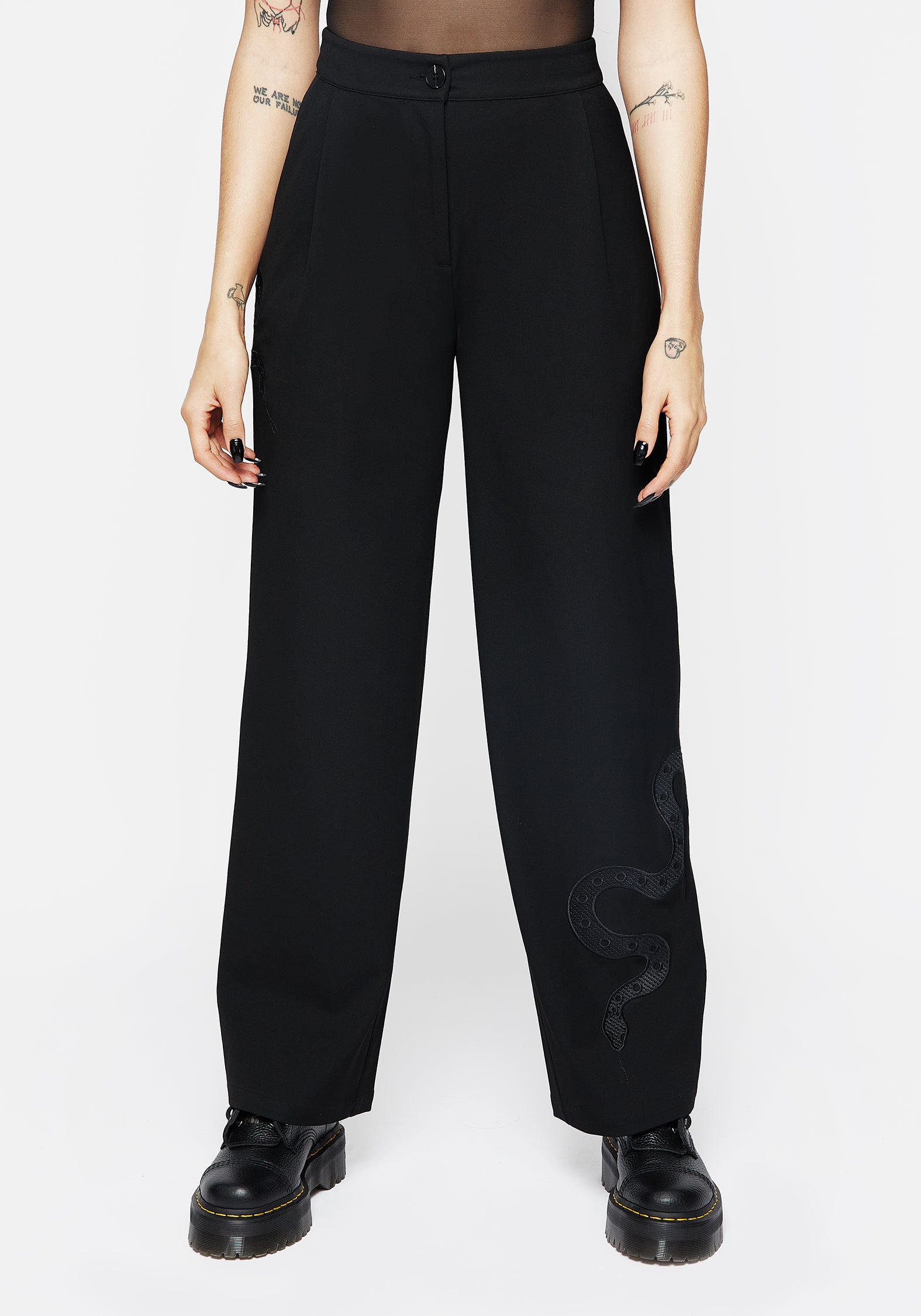 Snake Embroidered Wide Leg Trousers | High-Rise & Tailored