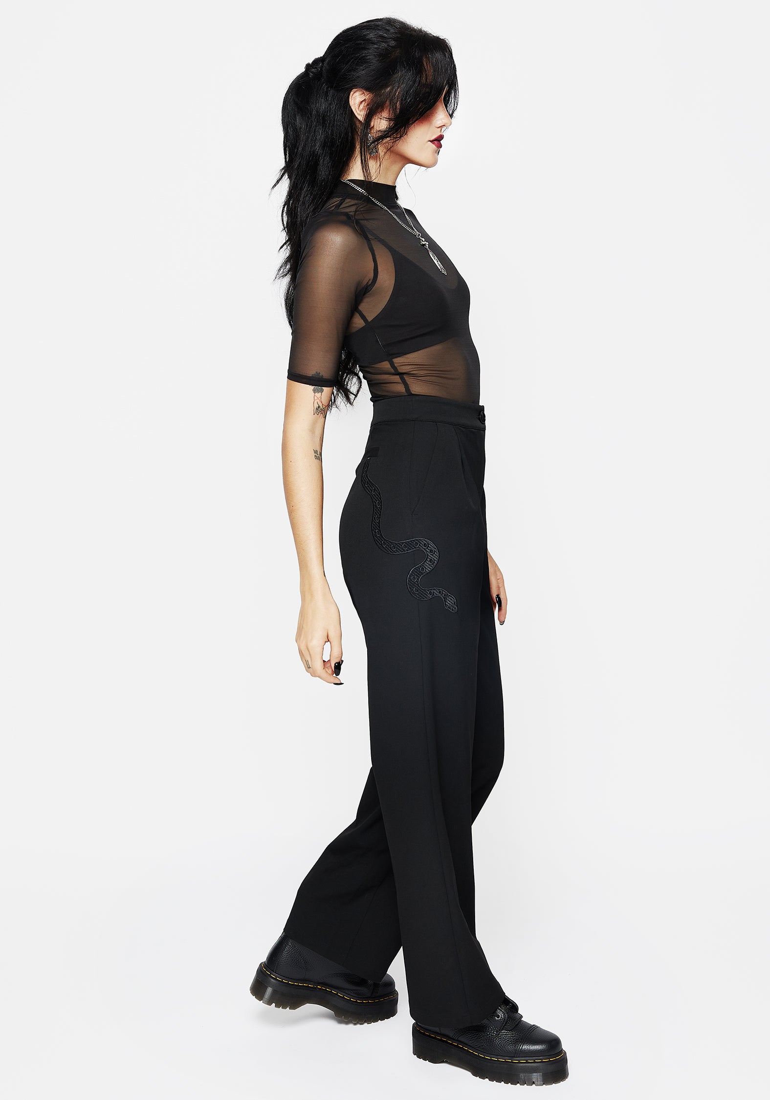 Snake Embroidered Wide Leg Trousers | High-Rise & Tailored