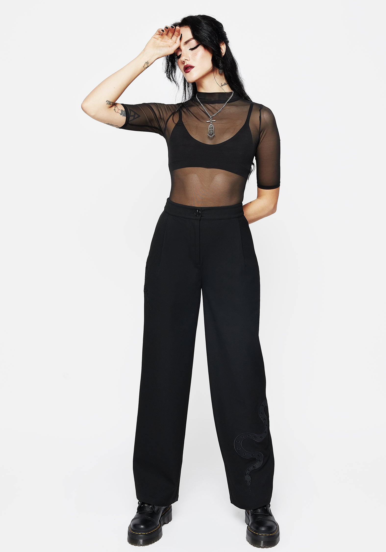 Snake Embroidered Wide Leg Trousers | High-Rise & Tailored