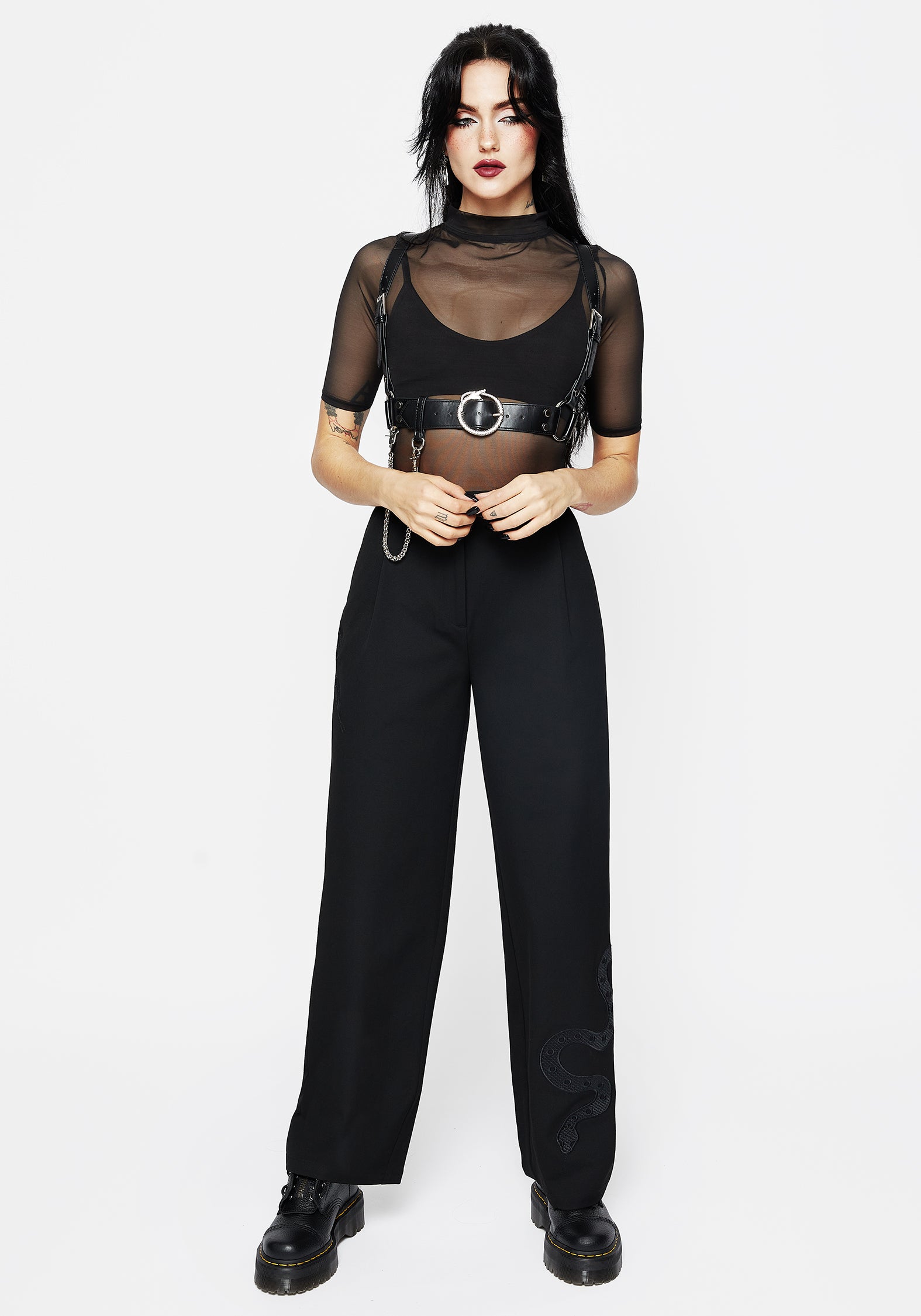 Snake Embroidered Wide Leg Trousers | High-Rise & Tailored