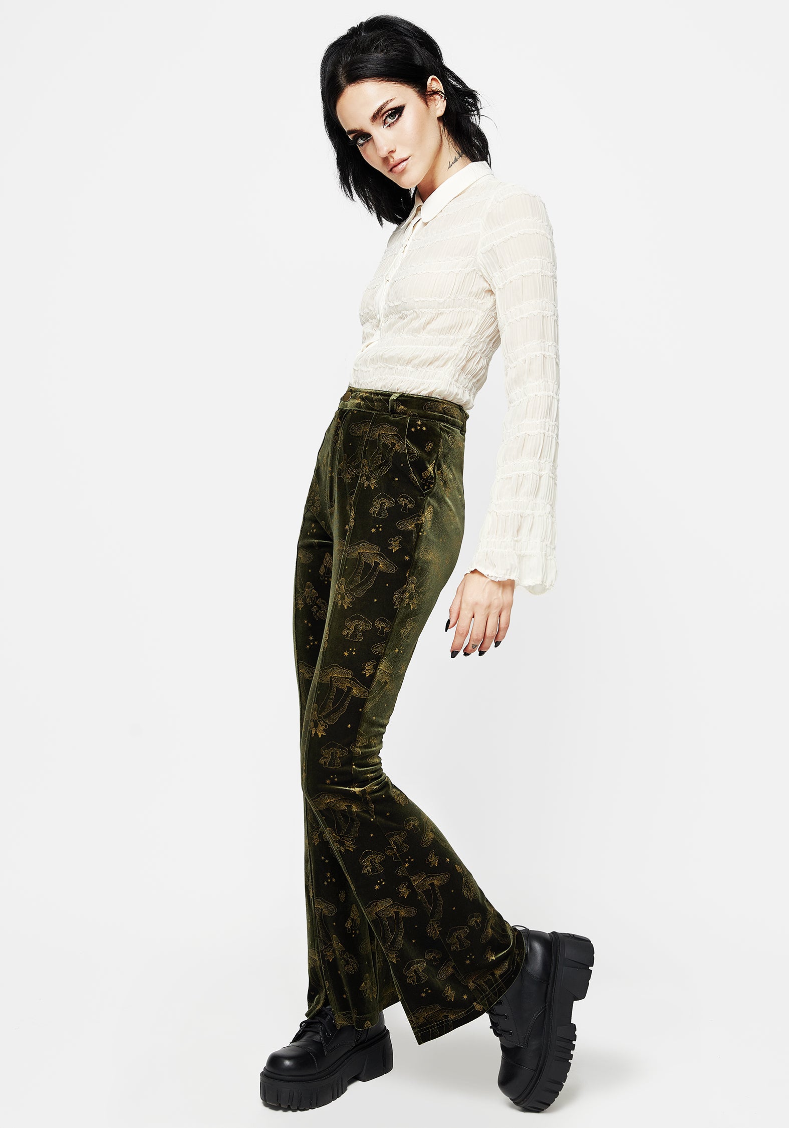 Velour Flare Trousers with Gold Foil Print | Faefire Green