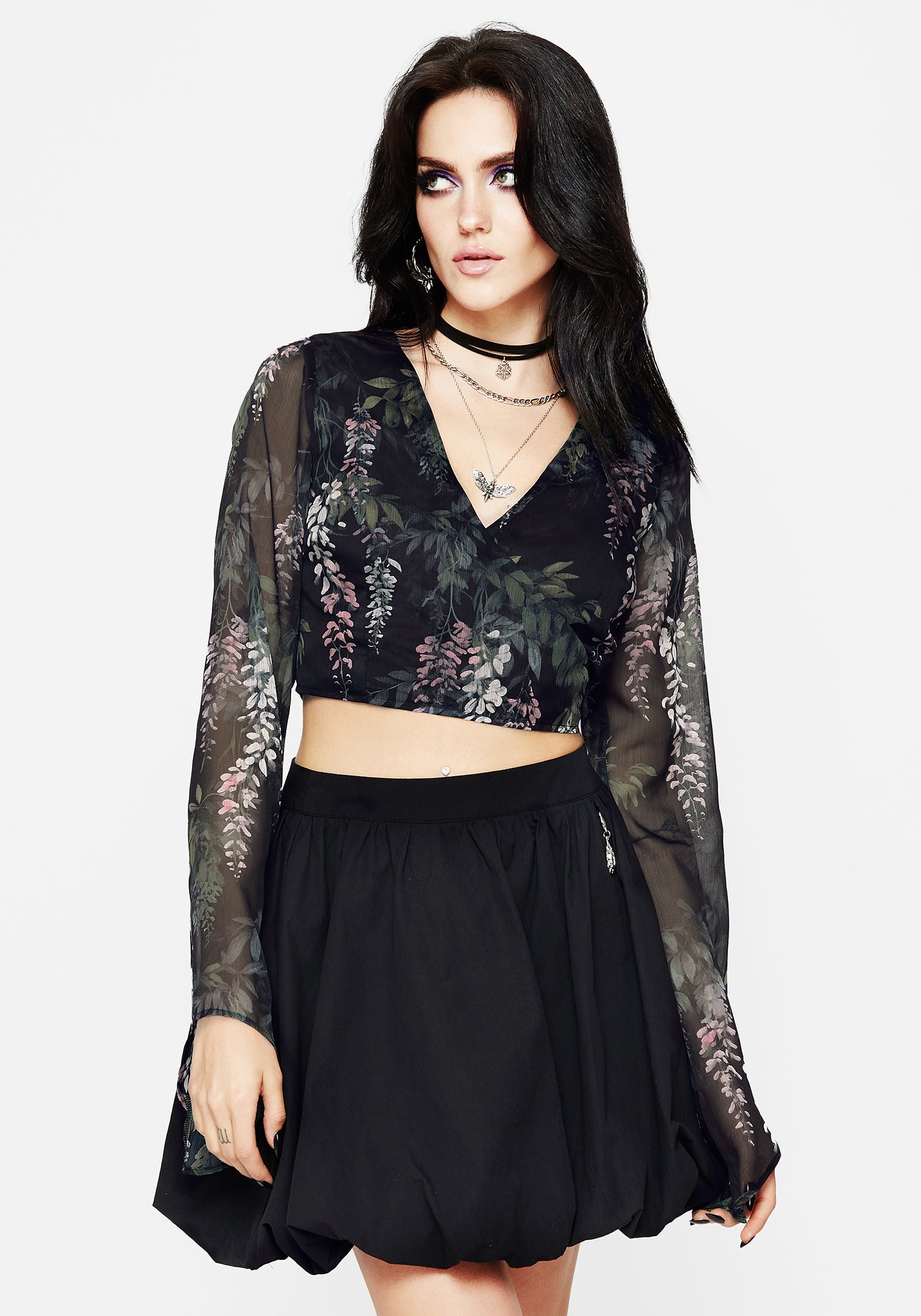 Floral Print Chiffon Wrap Top with Bell Sleeves | Wisteria Design