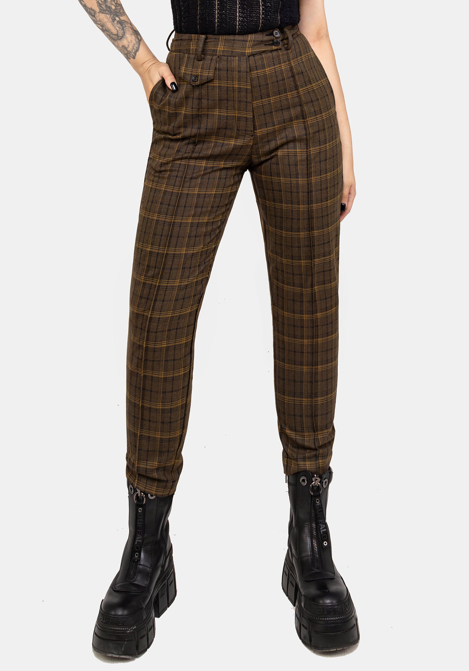 Green Check Tapered Trousers for Men | High-Rise Tailored Fit
