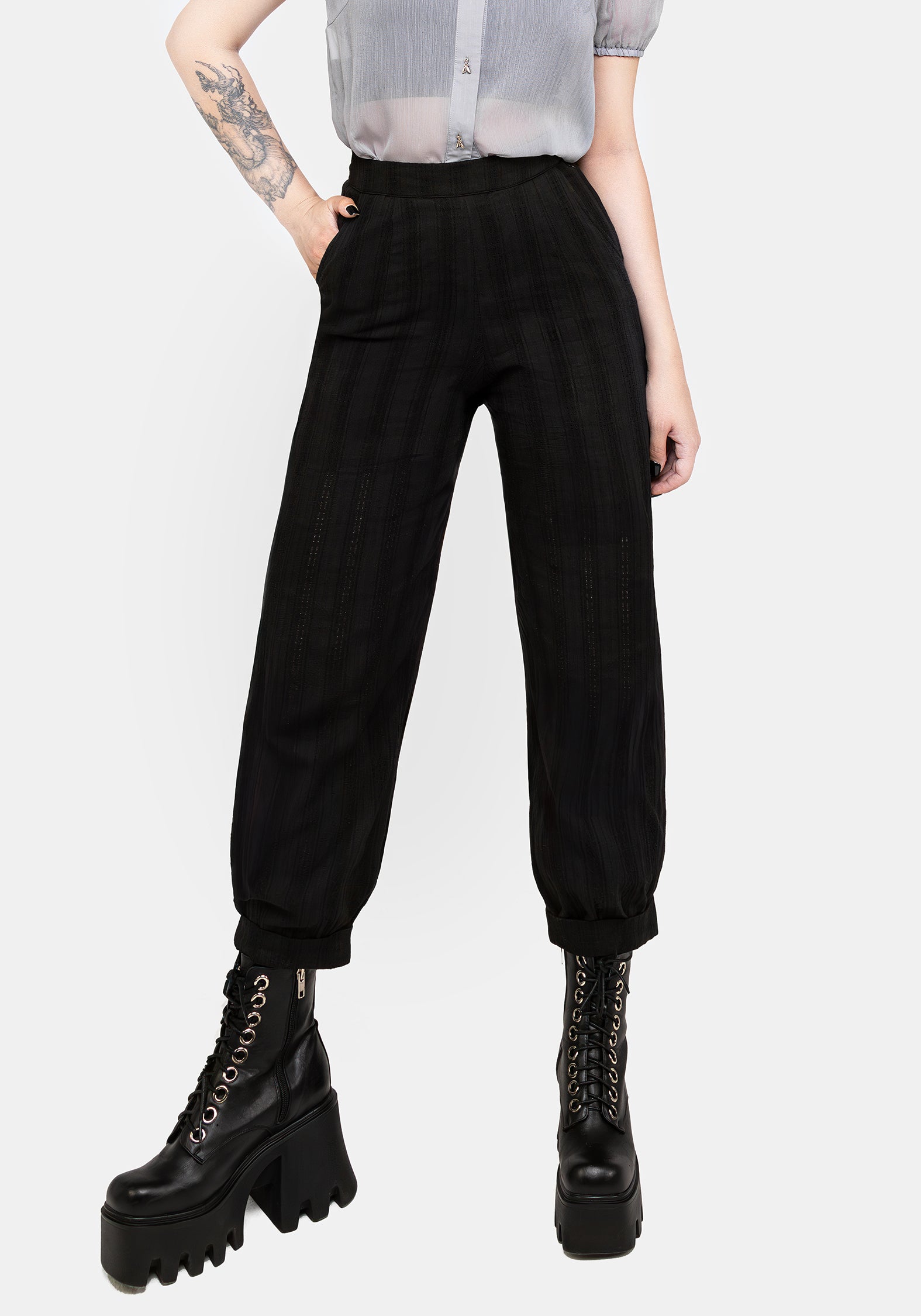 Black Cotton Balloon Leg Trousers | High-Rise & Embroidered