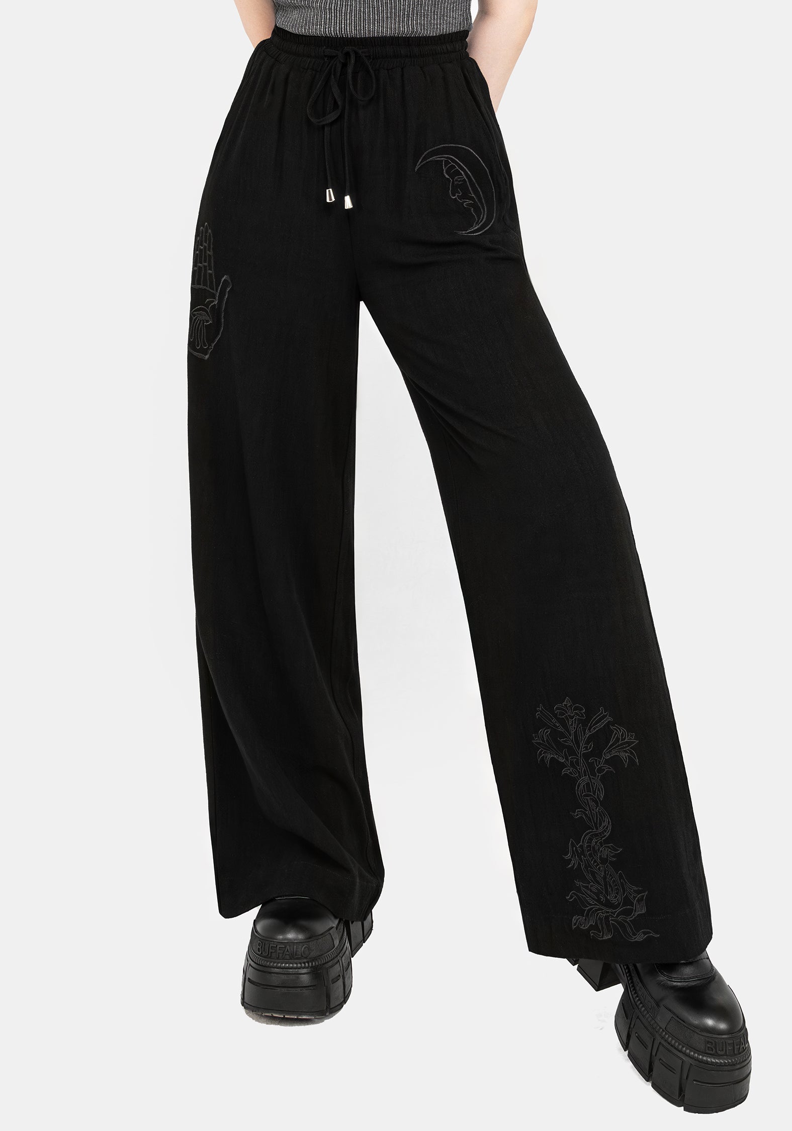 Black Embroidered Wide Leg Trousers with Elastic Waist | Gazania