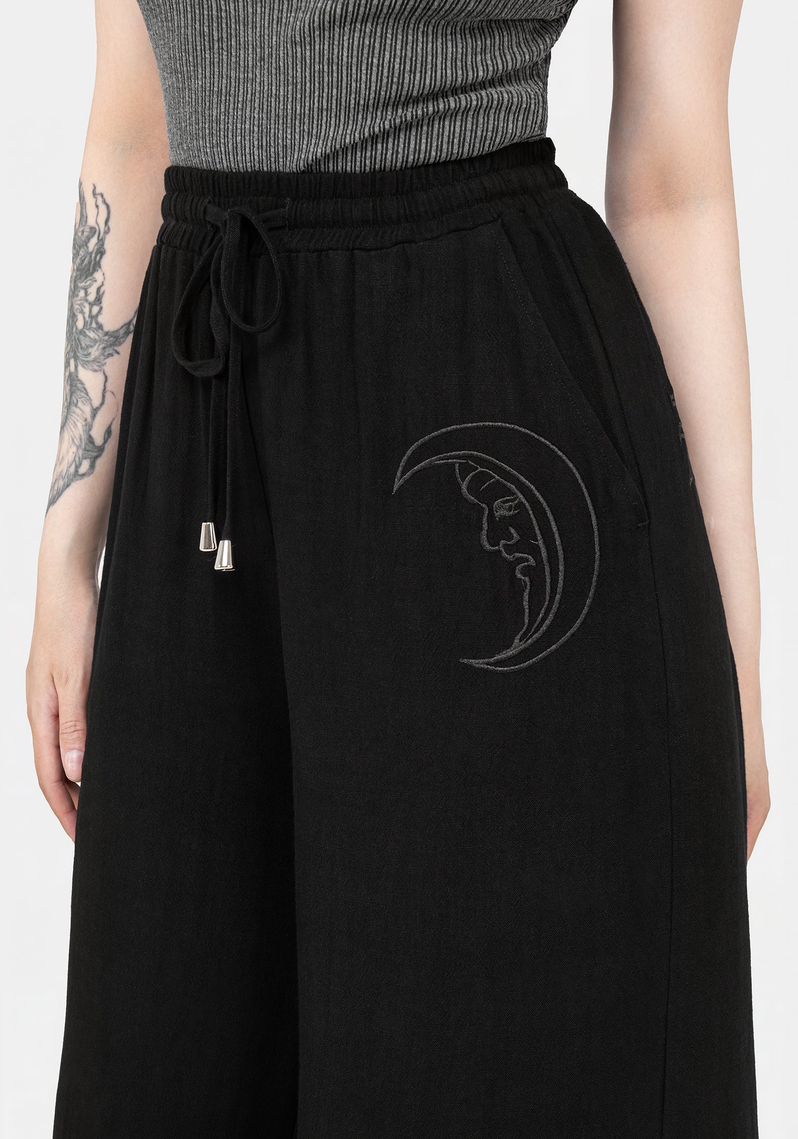 Black Embroidered Wide Leg Trousers with Elastic Waist | Gazania