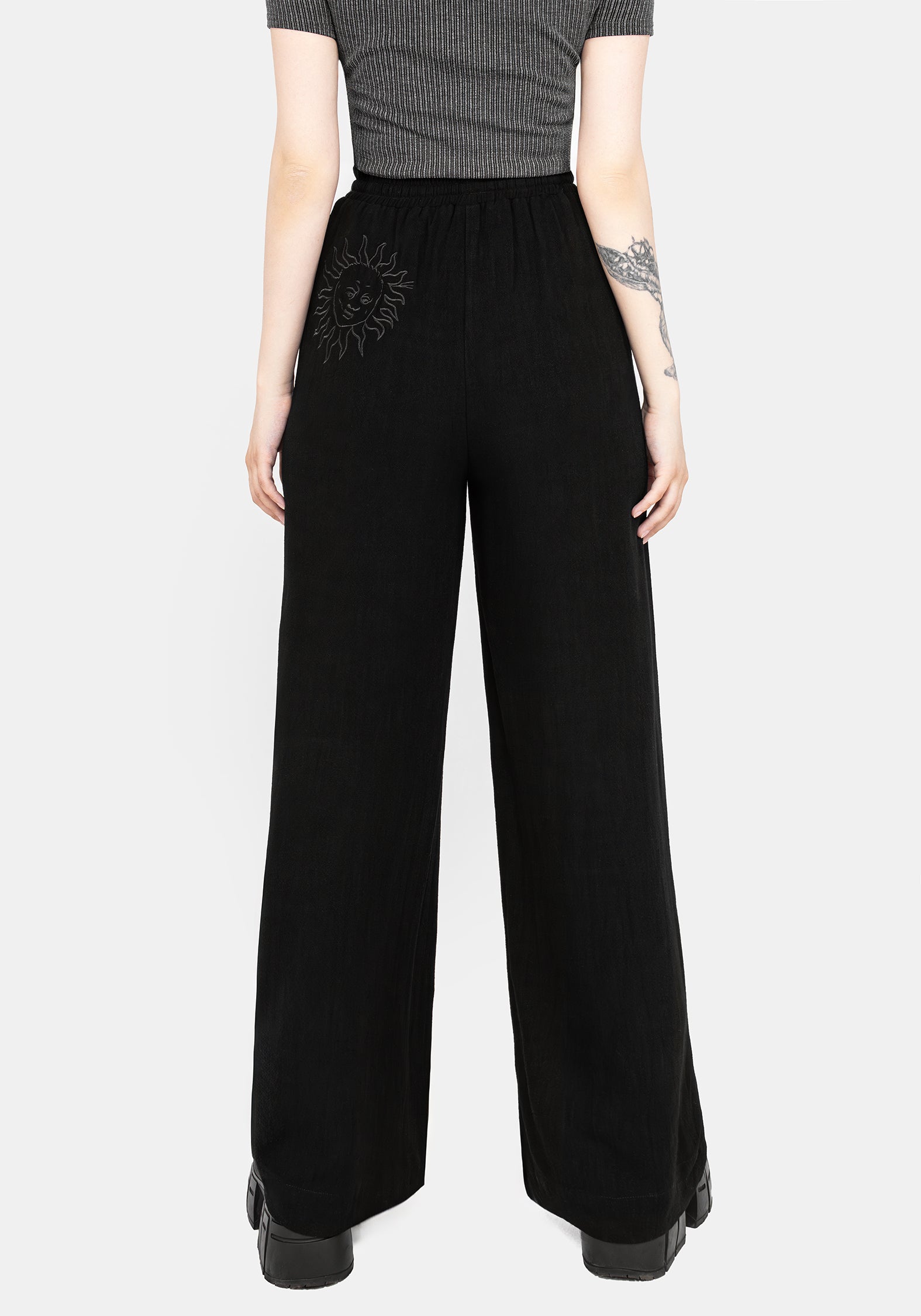 Black Embroidered Wide Leg Trousers with Elastic Waist | Gazania