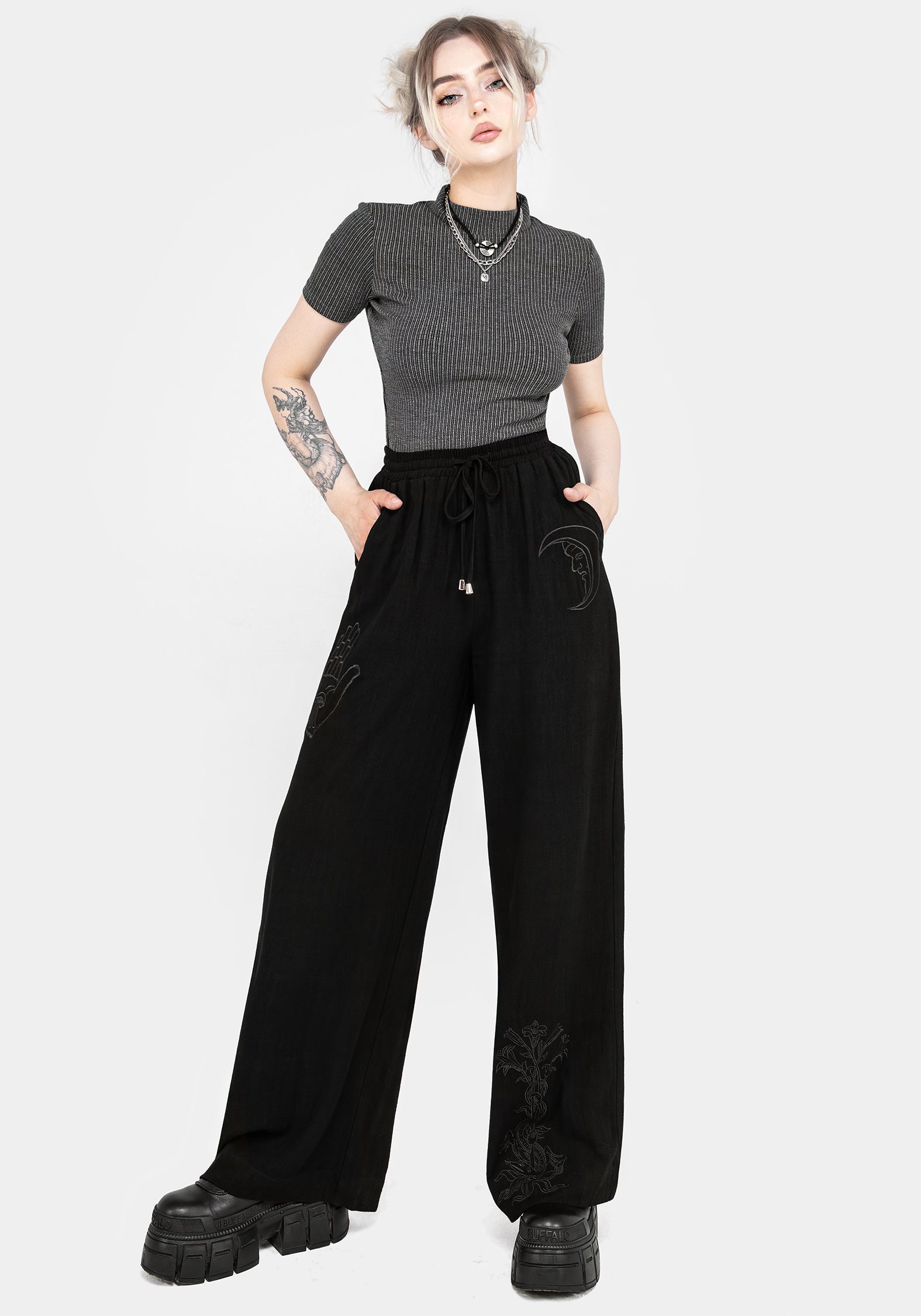 Black Embroidered Wide Leg Trousers with Elastic Waist | Gazania