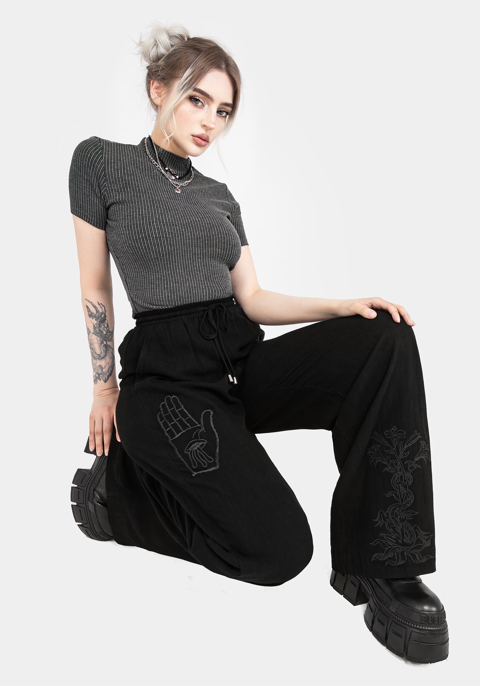Black Embroidered Wide Leg Trousers with Elastic Waist | Gazania