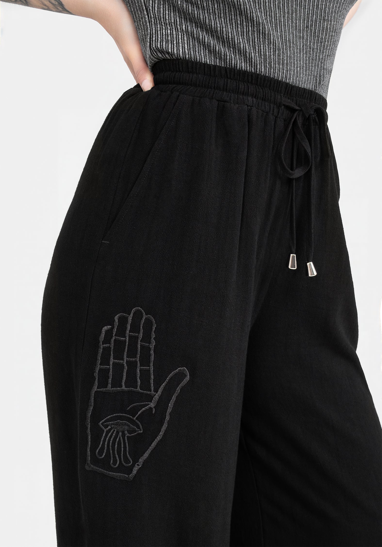 Black Embroidered Wide Leg Trousers with Elastic Waist | Gazania
