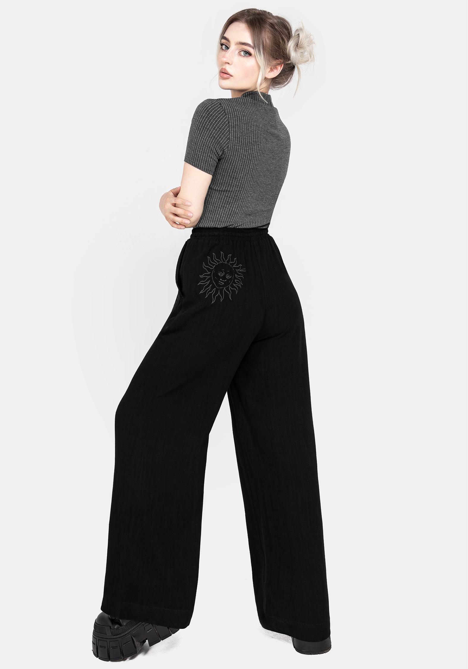 Black Embroidered Wide Leg Trousers with Elastic Waist | Gazania