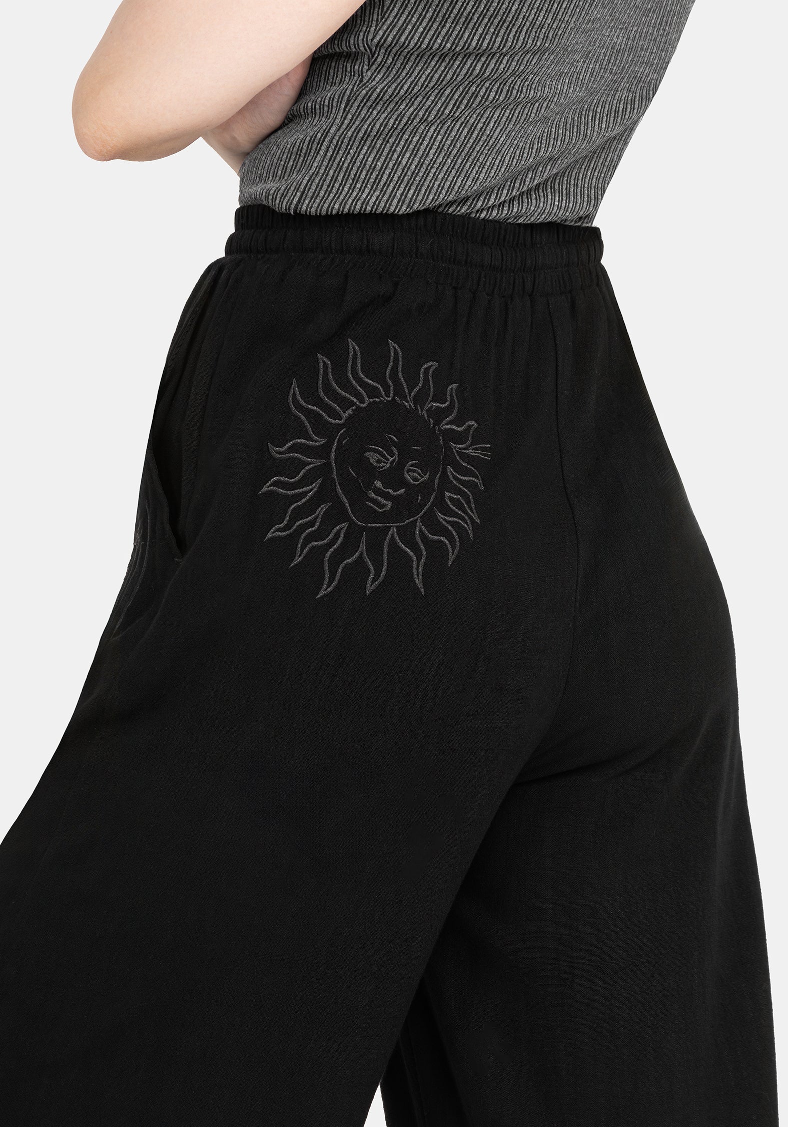 Black Embroidered Wide Leg Trousers with Elastic Waist | Gazania