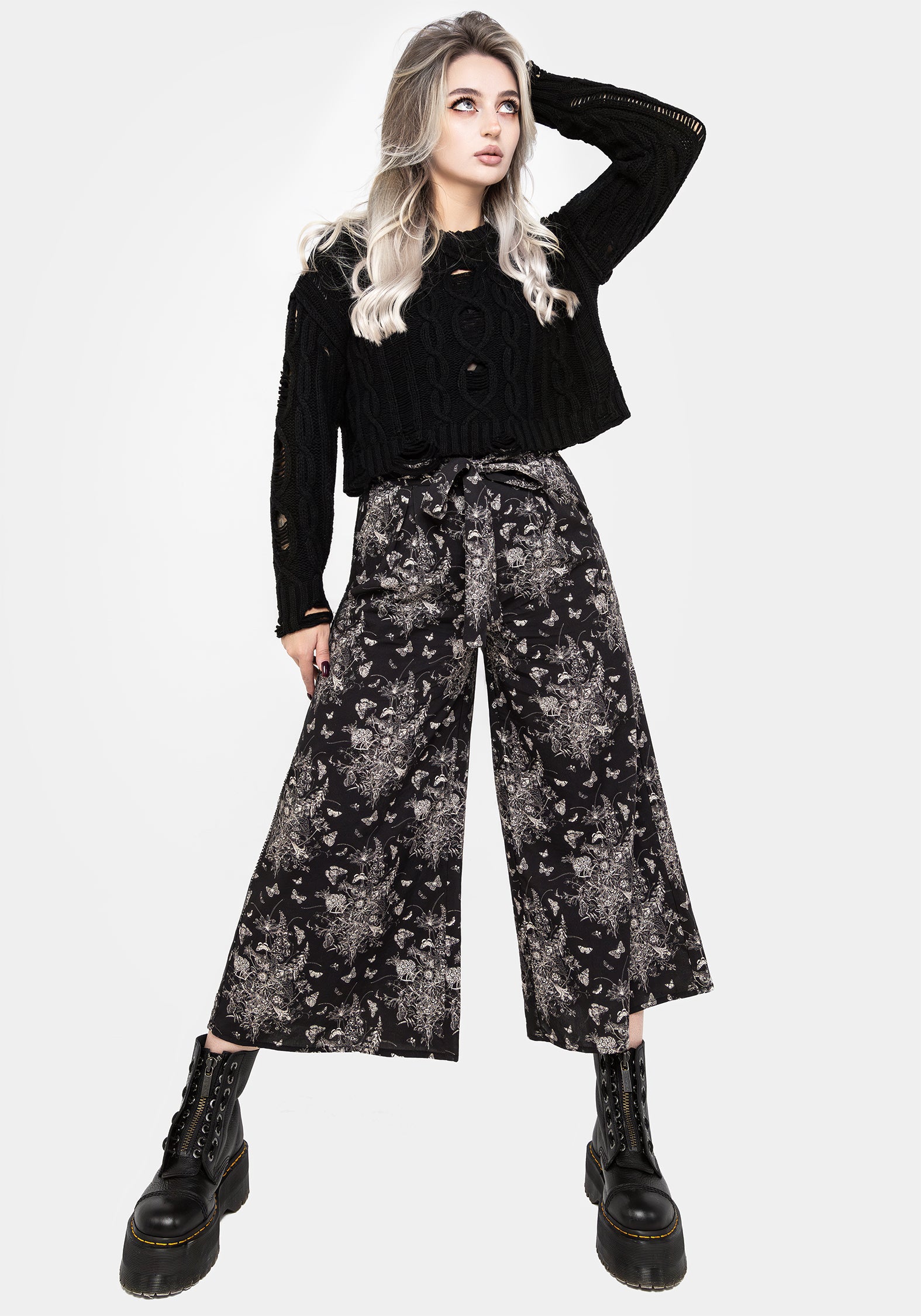 Black Floral Butterfly Print Tie-Waist Culottes | Thalia