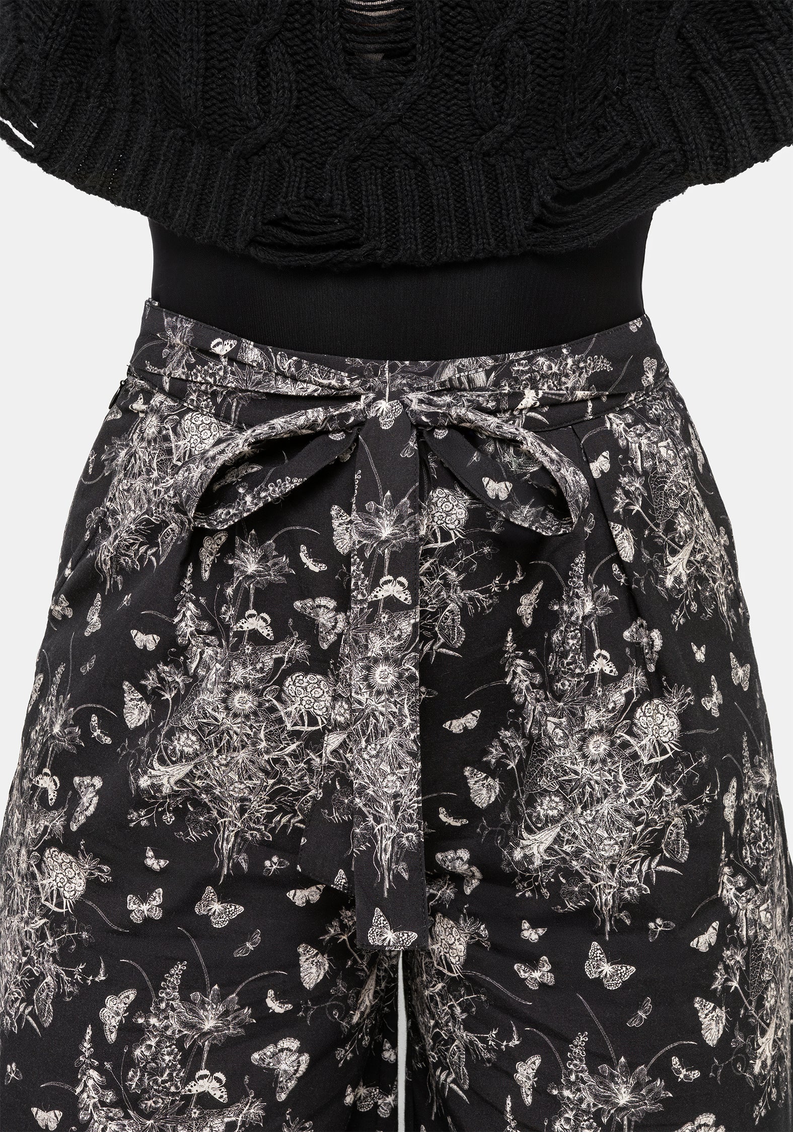 Black Floral Butterfly Print Tie-Waist Culottes | Thalia