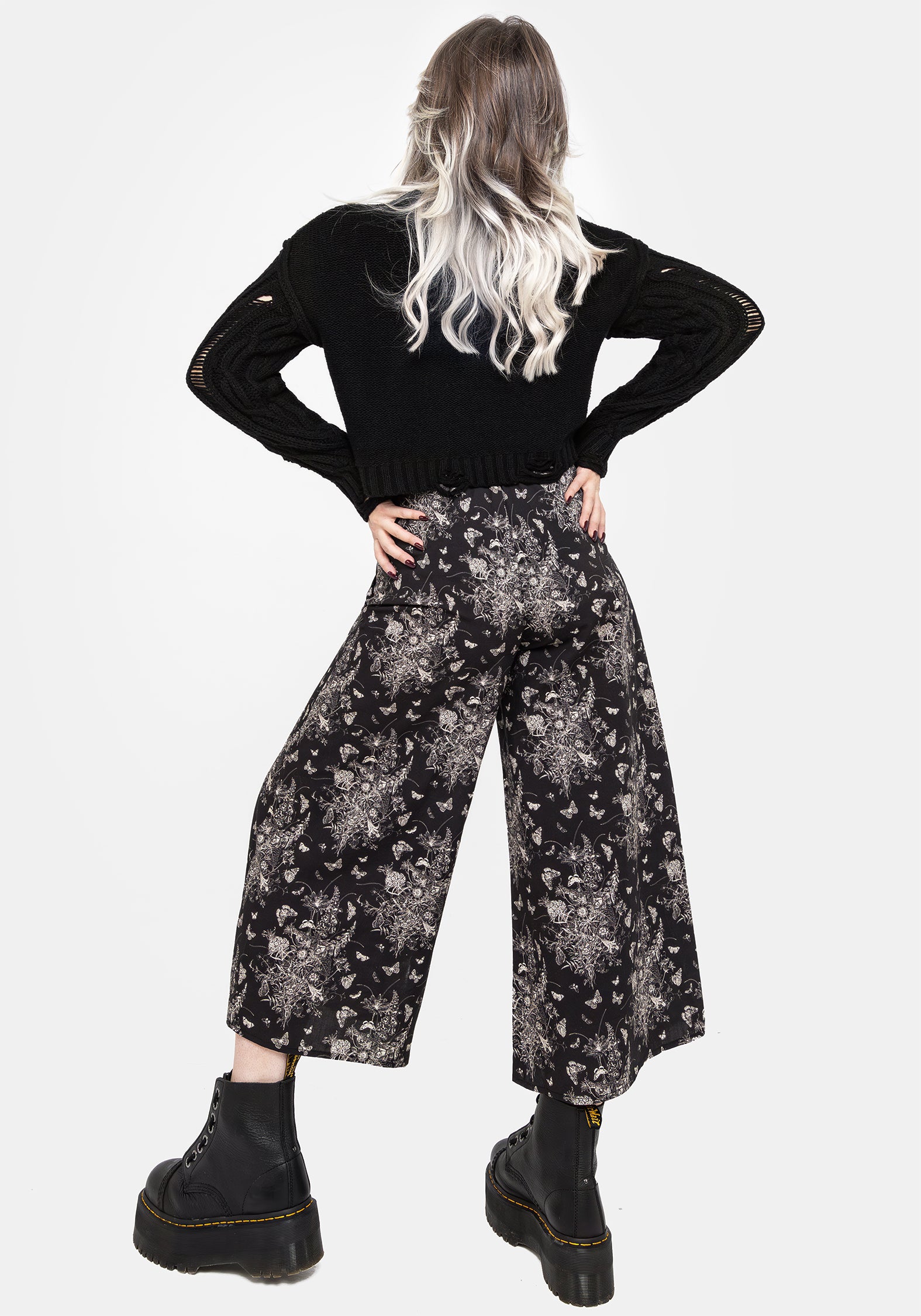 Black Floral Butterfly Print Tie-Waist Culottes | Thalia