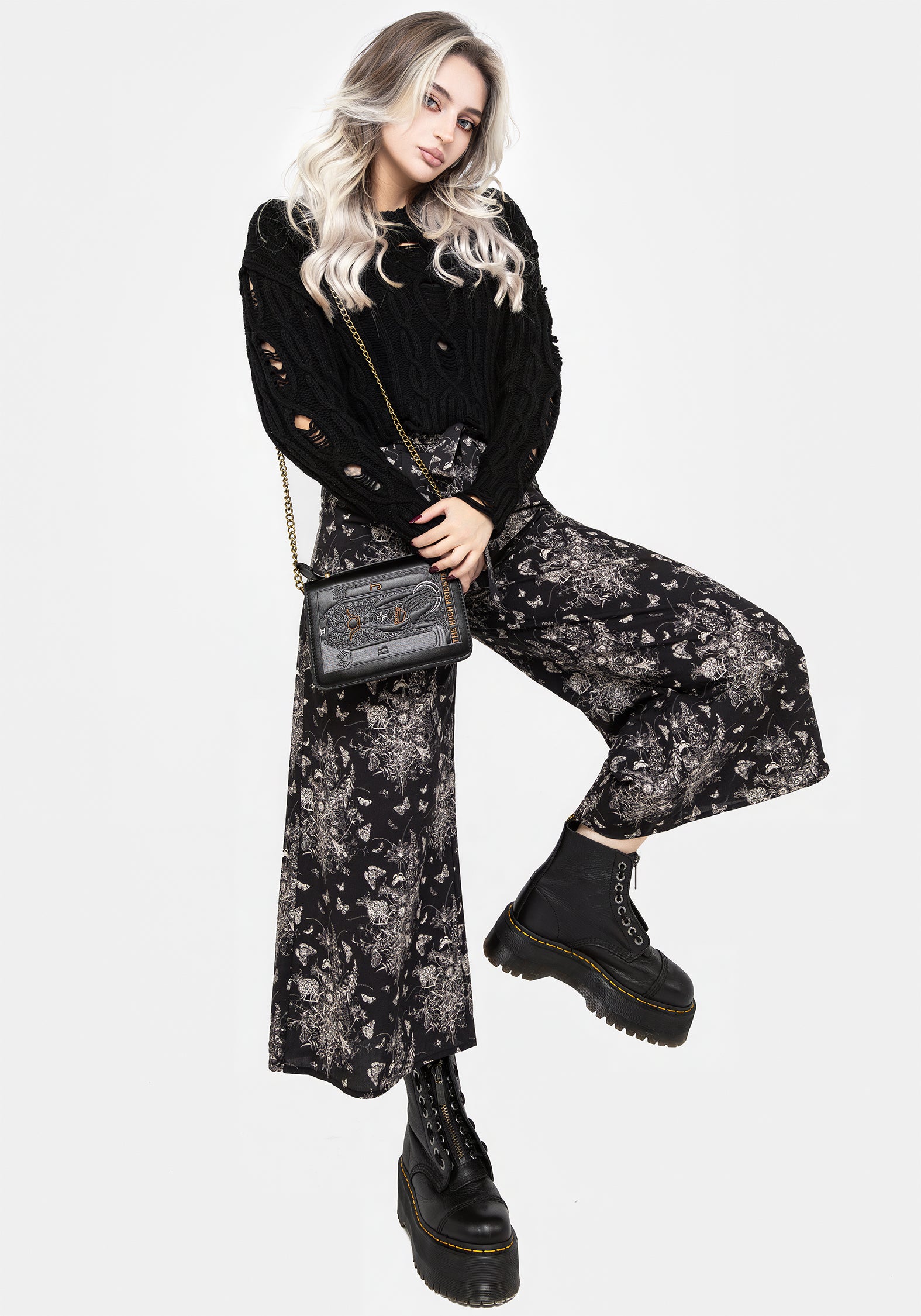 Black Floral Butterfly Print Tie-Waist Culottes | Thalia