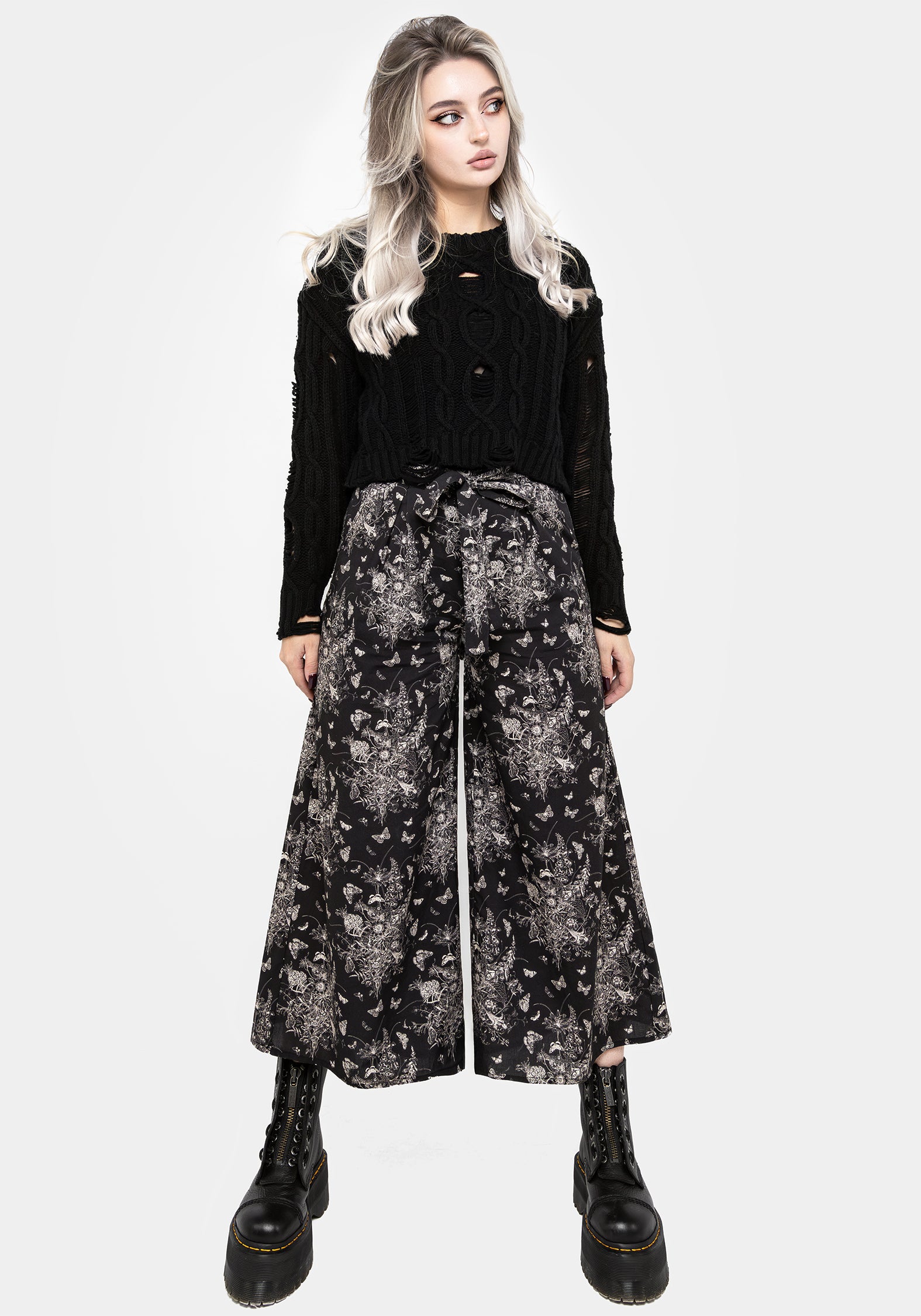 Black Floral Butterfly Print Tie-Waist Culottes | Thalia